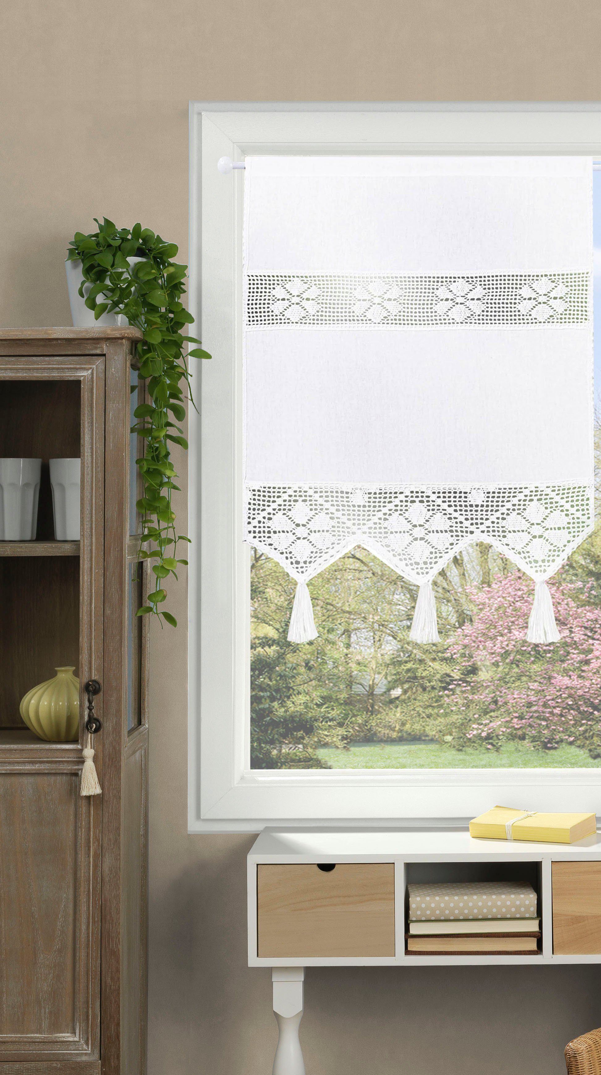 HOME WOHNIDEEN Vorhang TONI, Stangendurchzug (1 St), blickdicht, Fensterbehang mit Häkeleinsätzen