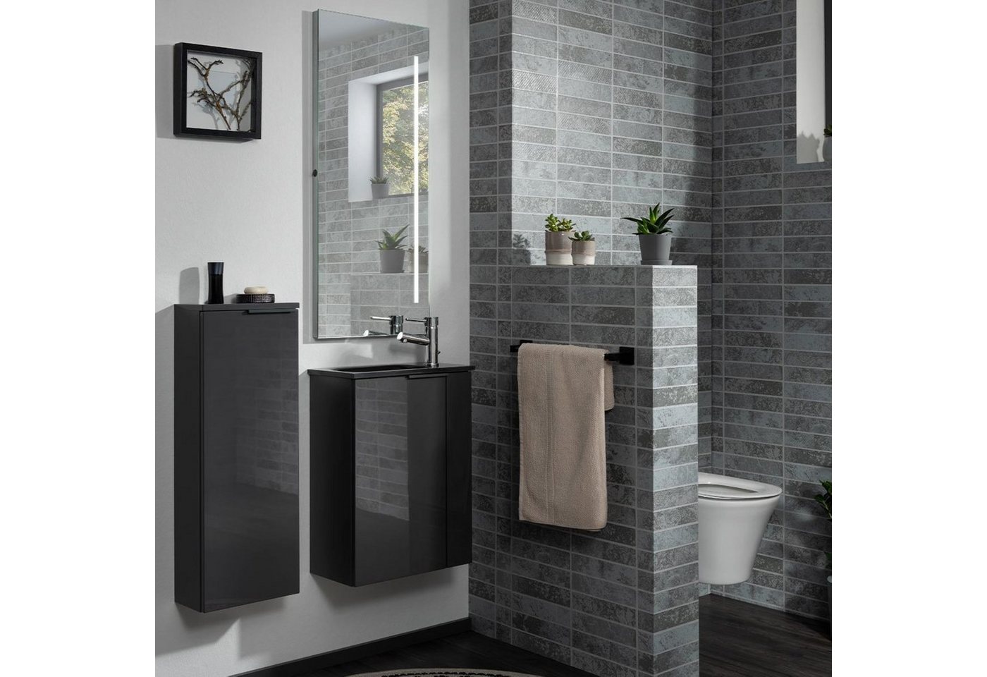 Thumbnail - FACKELMANN Waschbecken SBC LUNA Gäste WC Set 2-teilig 45 cm, Anthrazit, links, Glas Anthrazit