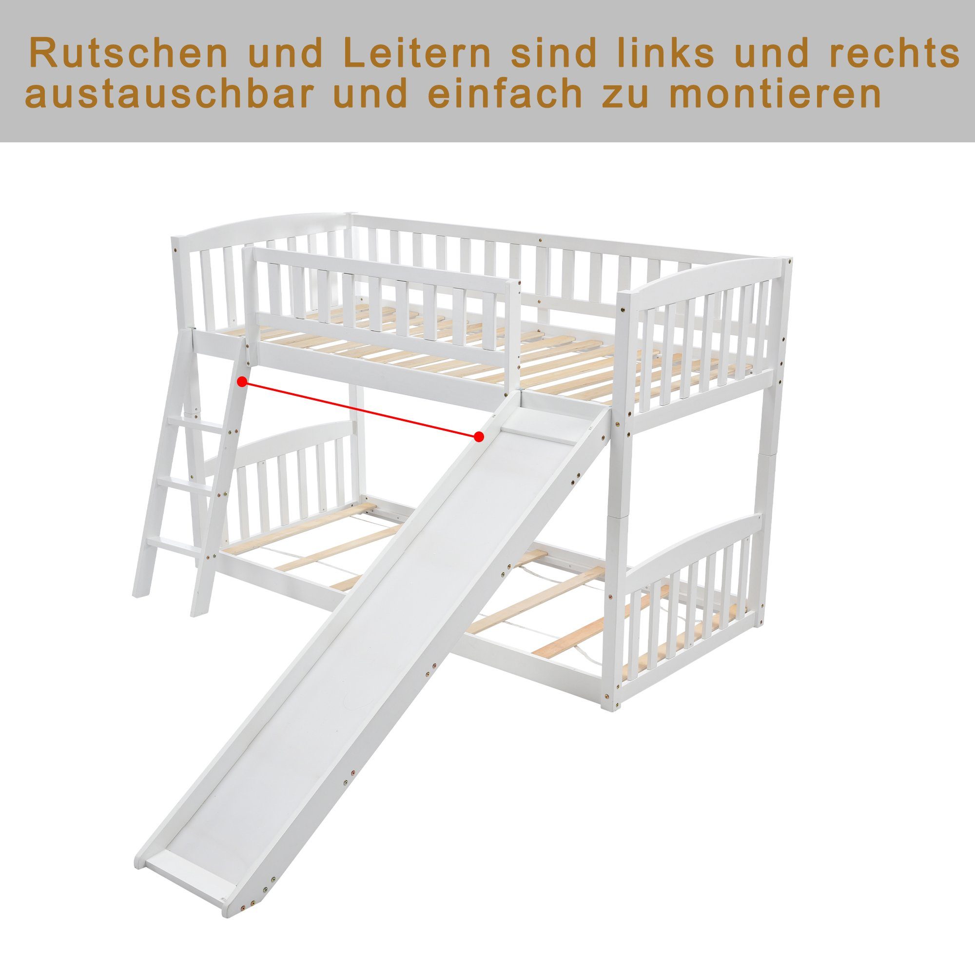Etagenbett Hochbett, mit Kinderbbett weiß (2-St), Rutschbahn, Merax 90x200cm