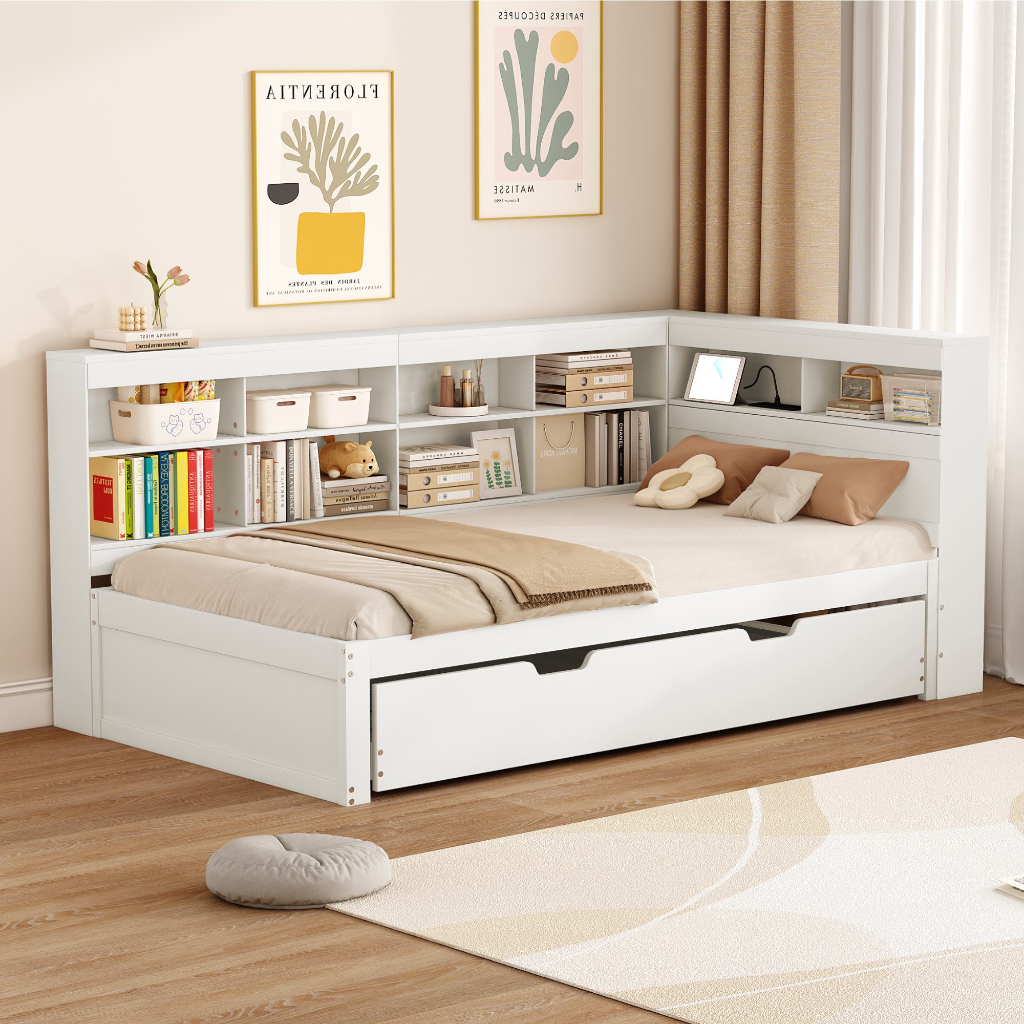 Flieks Massivholzbett, Einzelbett 90x200cm mit Stauraum, USB-Aufladen und U günstig online kaufen