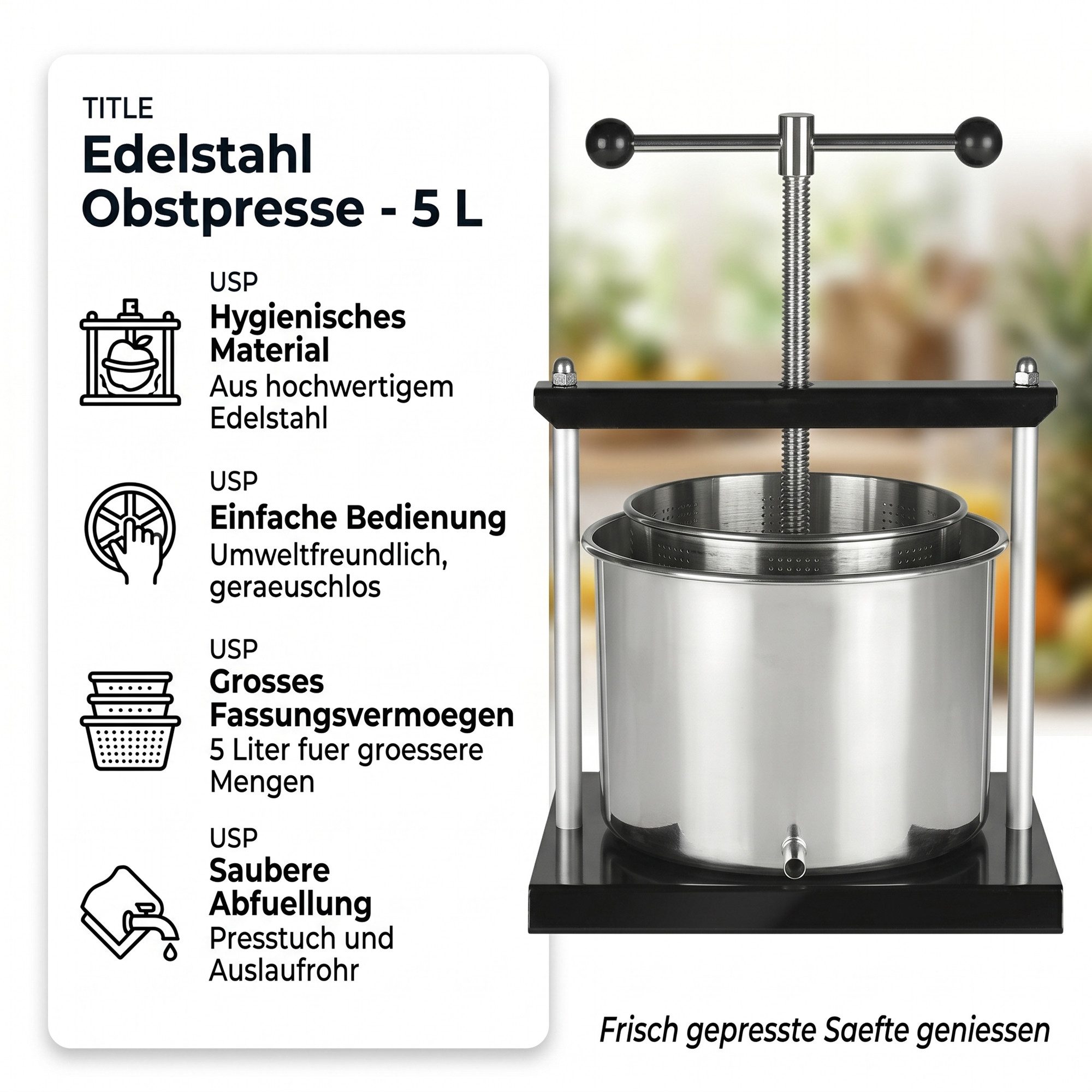 Mucola Entsafter Obstpresse Entsafter Fruchtpresse 5 Liter Edelstahl Saftpresse Presse, 0 W, rostfrei