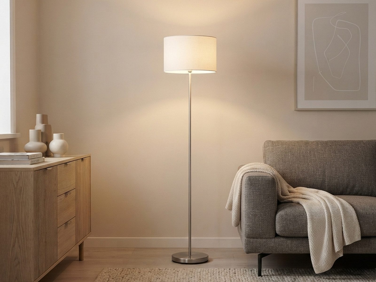 TRIO Leuchten LED Stehlampe mit Stoffschirm Weiß, Höhe 160cm, dimmbar, LED wechselbar, Warmweiß, Designklassiker Stehleuchte Wohnzimmerlampe stehend inkl. Leuchtmittel