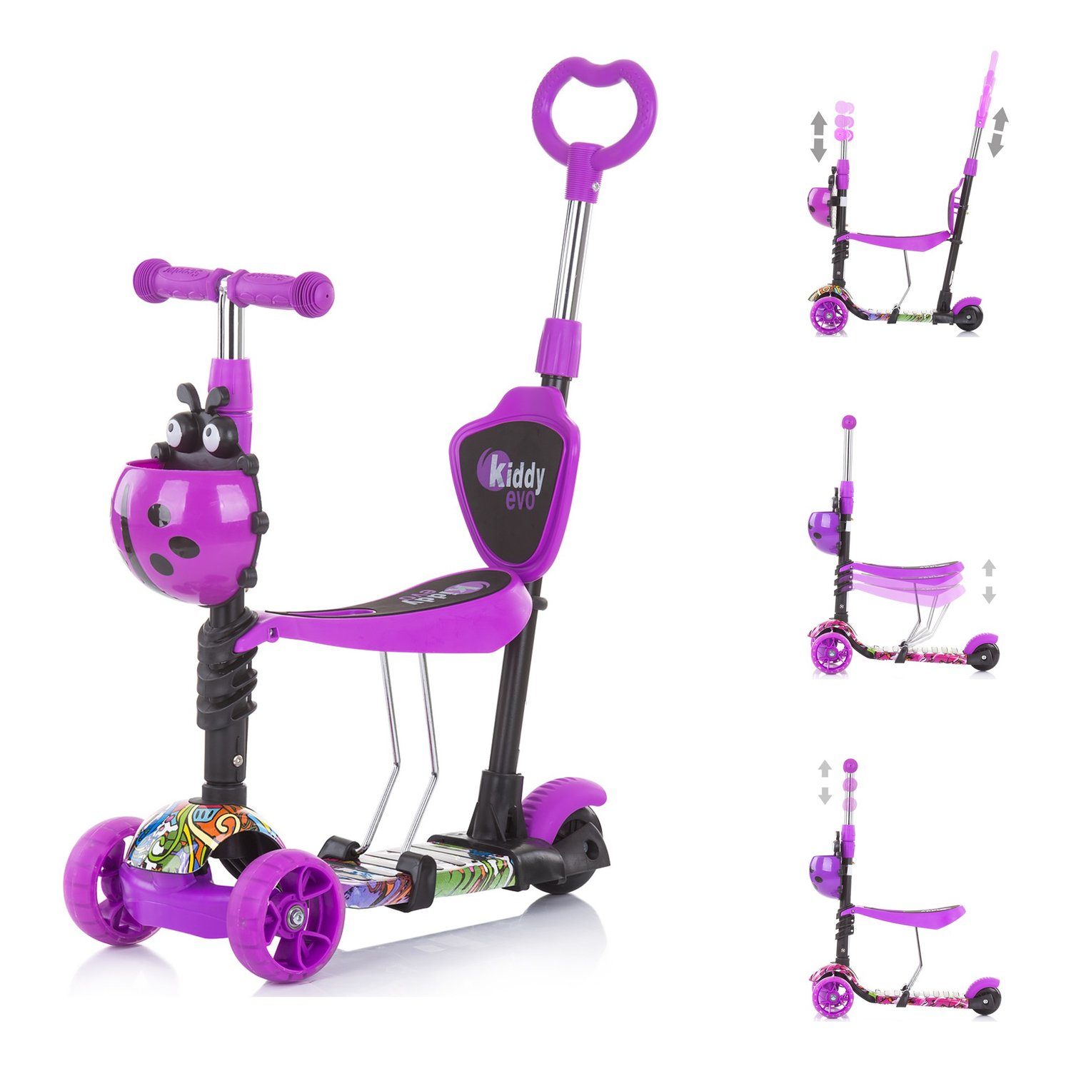 Chipolino Cityroller Kinderroller 3 in 1 Kiddy Evo, Schiebestange Vorderräder mit LED