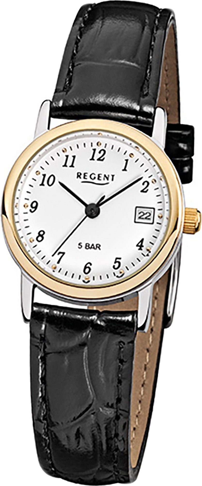 Regent Quarzuhr Regent Leder Damen (ca. F-828 Quarzuhr, schwarz, rundes 25mm) Lederarmband klein Damenuhr Uhr Gehäuse