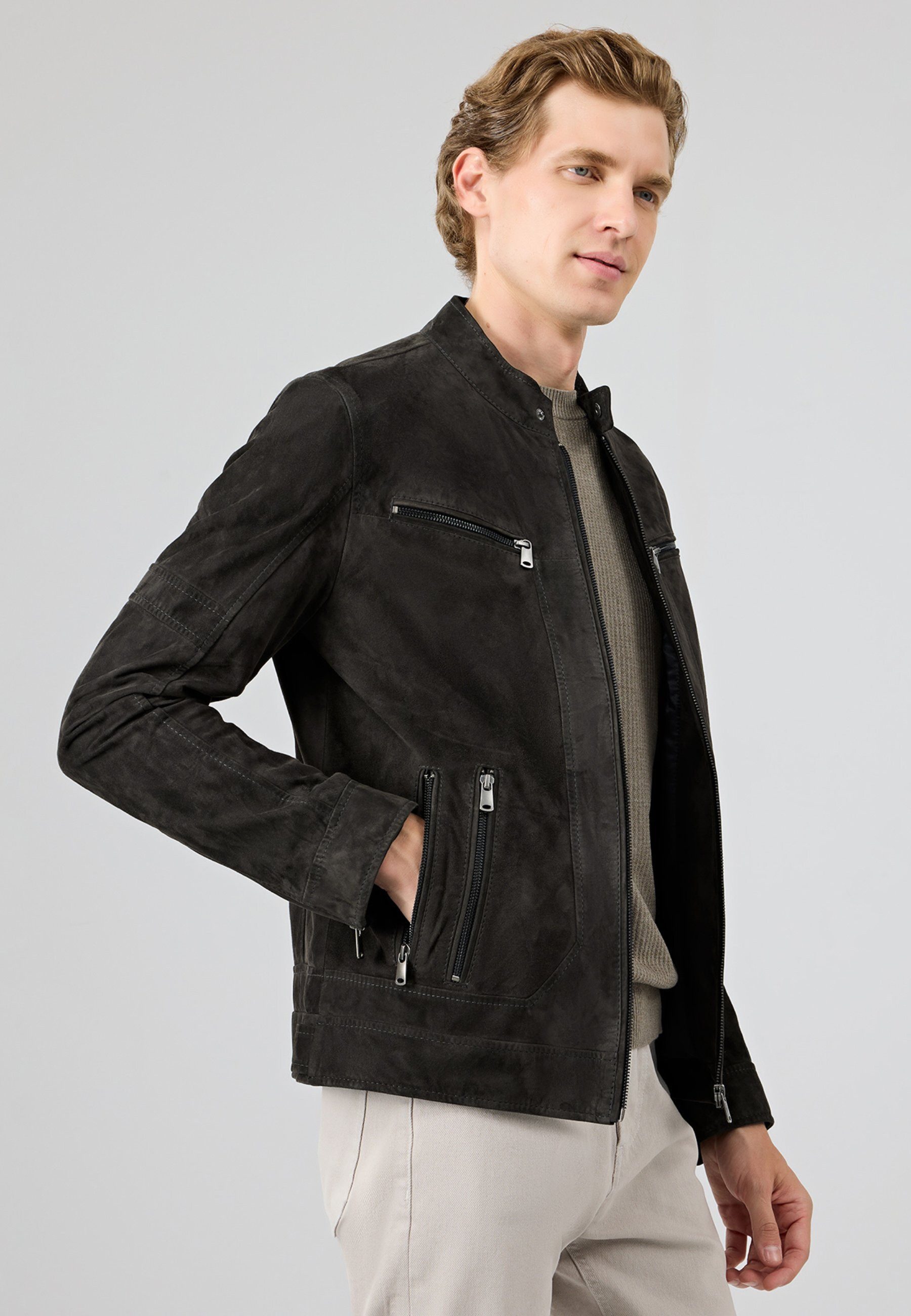 Derimod Lederjacke Patrick Wildlederjacke Regular Fit, Reißverschluss, Stehkragen, Kurz, Textilfutter