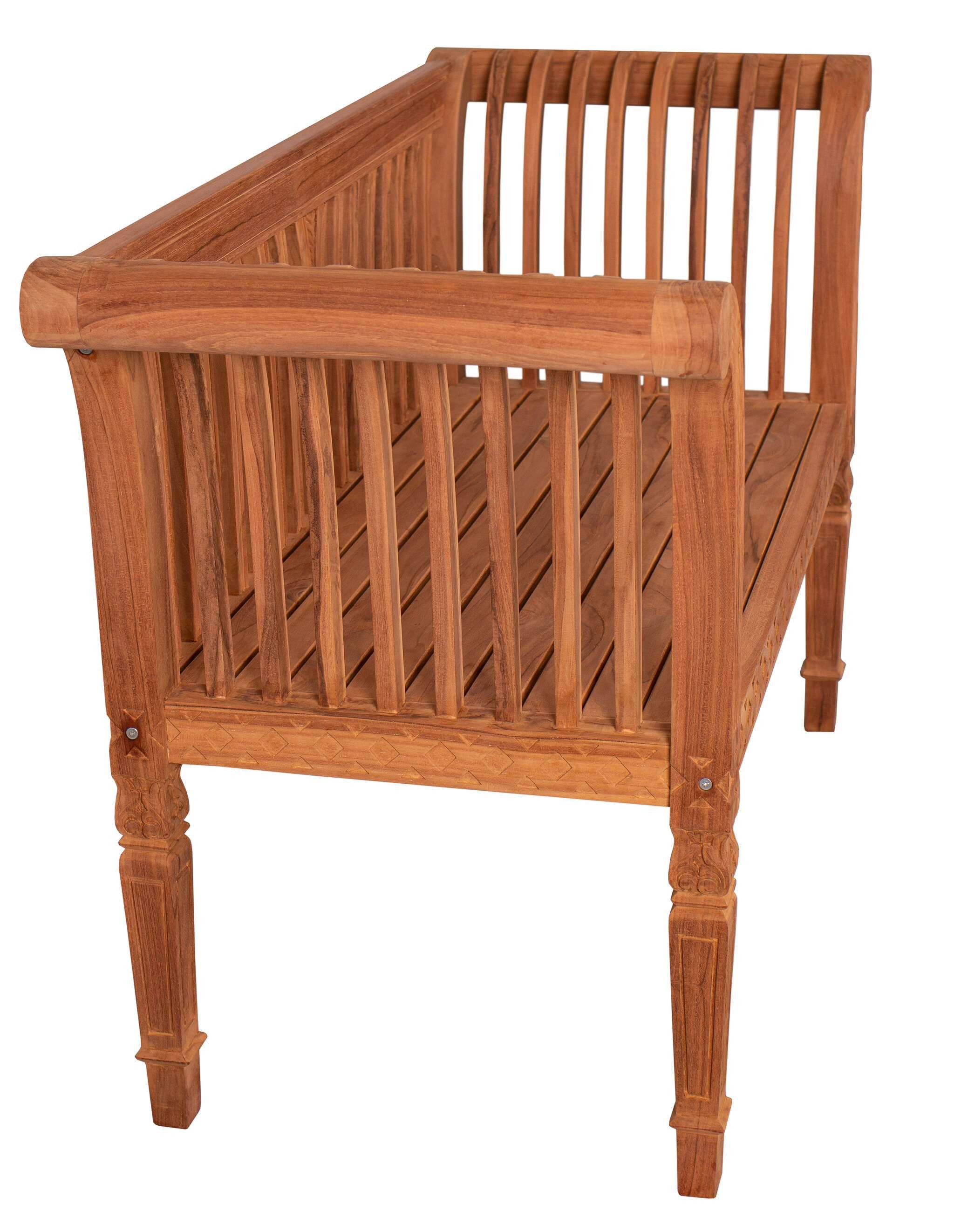 MR.DEKO Gartenbank Newport – Teakholz Bank 120 cm, geschnitzt, mediterran (2-Sitzer Bank, zerlegt geliefert, ideal für Terrasse, 1-St), Massive Sitzbank Garten und Balkon, 250 kg belastbar