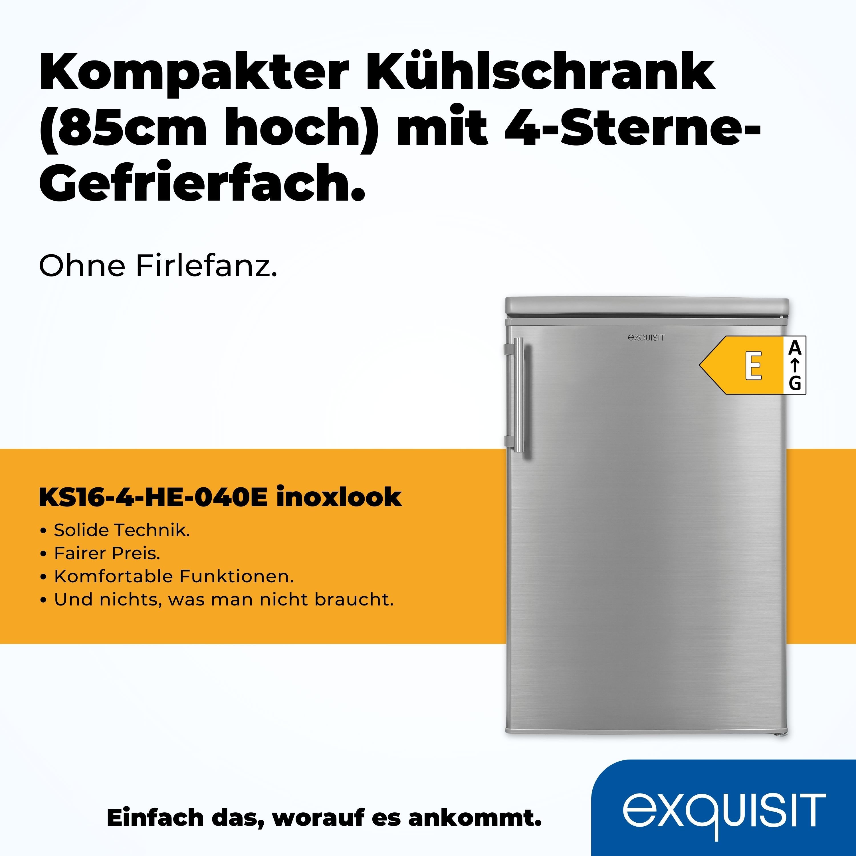 exquisit Kühlschrank KS16-4-HE-040E inoxlook, 85,5 cm hoch, 55 cm breit, Platzsparend & praktisch: 109 L Mini-Kombi mit Gefrierfach