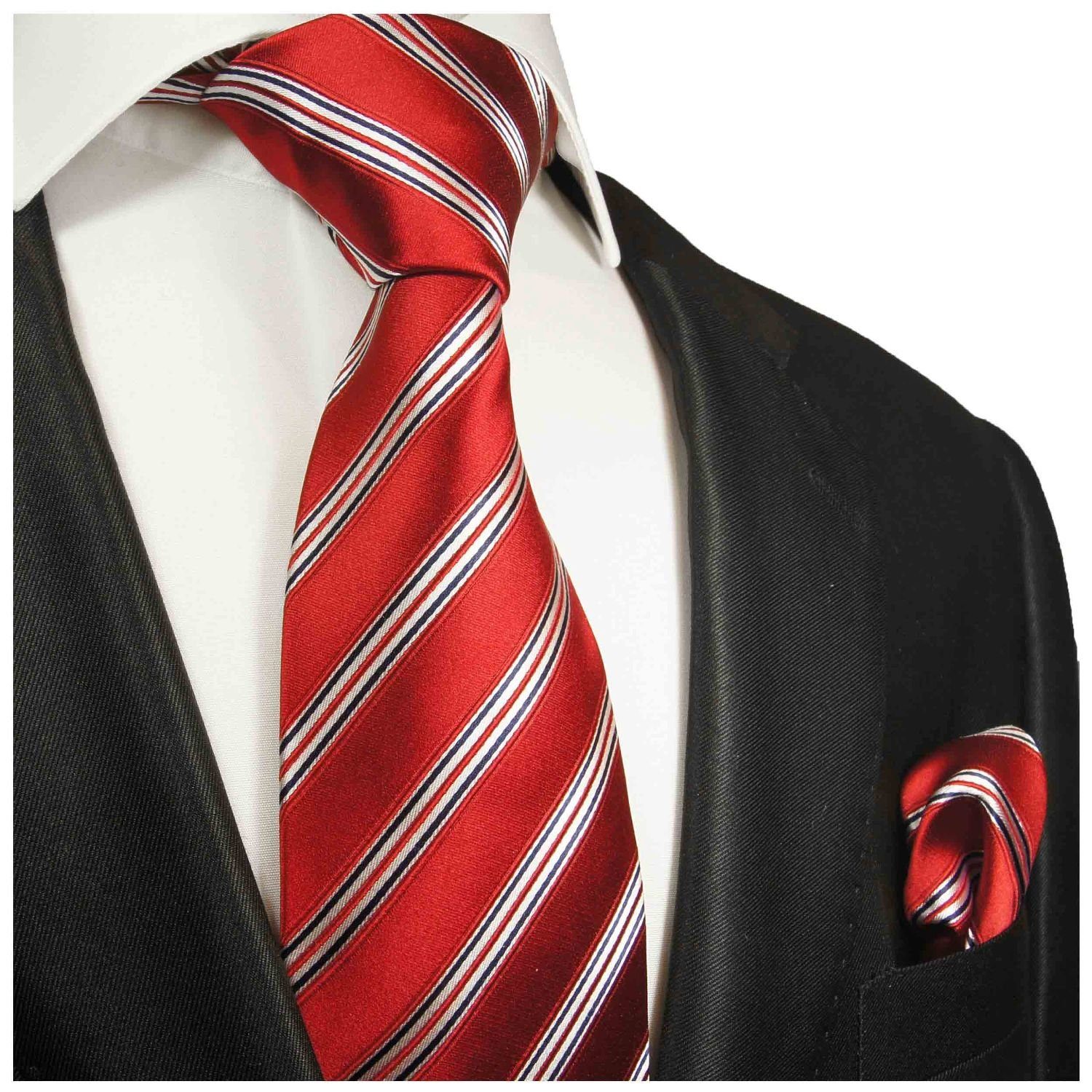 Schmal (6cm), (Set, Einstecktuch) Seide und Herren Tuch mit 100% Seidenkrawatte 2-St., rot 911 Paul gestreift Krawatte Krawatte Malone
