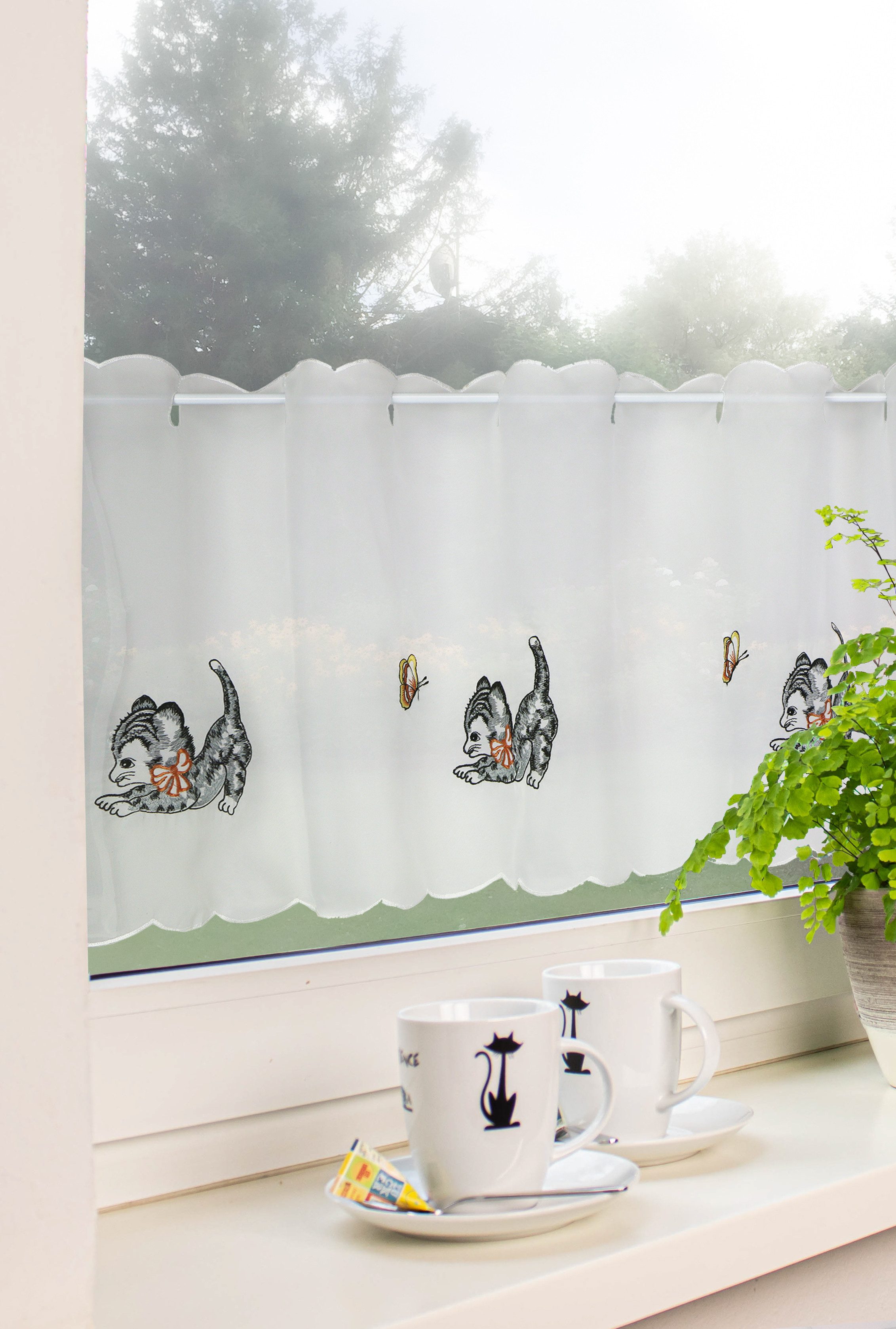 EXPERIENCE Scheibengardine Bistrogardine Katze Schmetterling Weiß Grau 44x1 günstig online kaufen