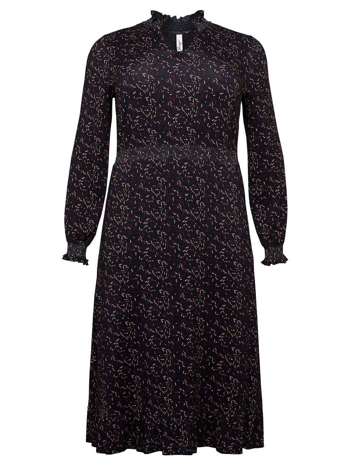 Größen mit gesmokten Große Jerseykleid Details schwarz bedruckt Sheego