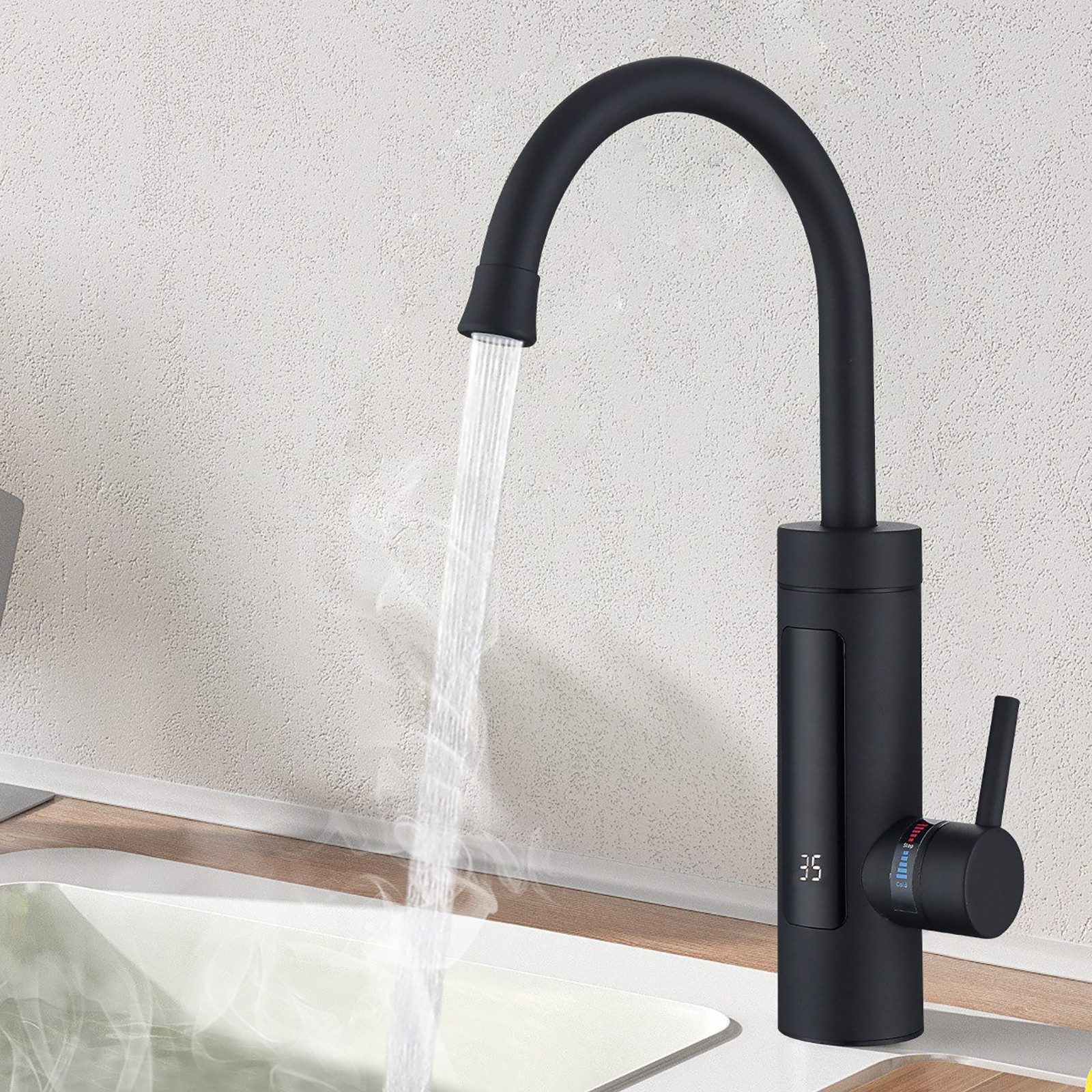 HOMELODY Küchenarmatur Elektrische Durchlauferhitzer, Smart Heater Wasserhahn 360° drehbar Edelstahl Wasserhahn Küche mit LED Temperaturanzeige, Schwarz