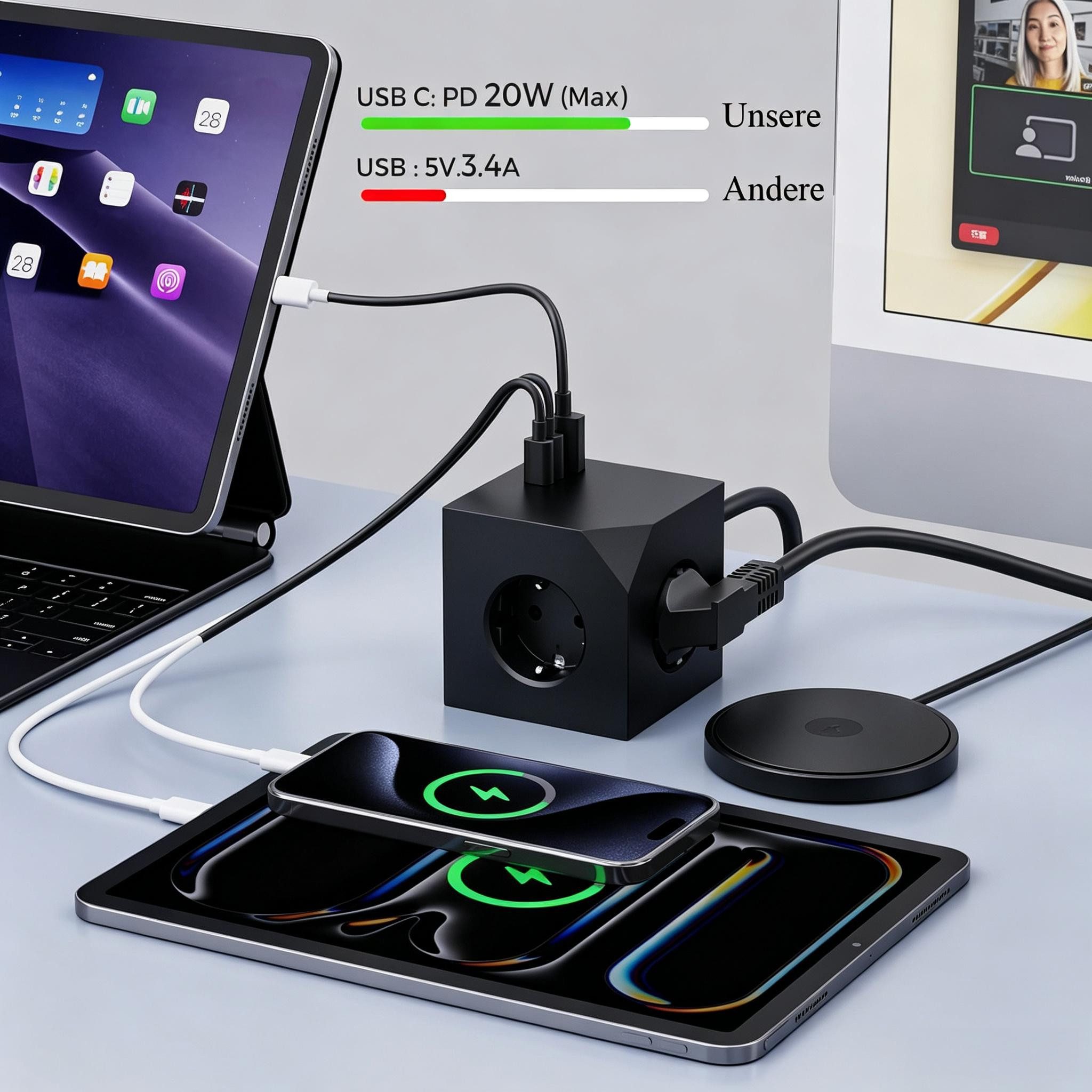 wohnTRAUM24 Mehrfachsteckdose Würfel mit Magnetpad PD20W 6in1 Mehrfachsteckdose Mehrfachsteckdose 6-fach (3680W 16A,USB PD20W, USB-Anschlüsse, Kinderschutz, Überlastschutz, Überspannungsschutz, Blitzschutz, Kurzsichlussschutz), mit USB Typ-C,Steckdosenleiste für Küche Büro Schlafzimmer Wohnzimmer