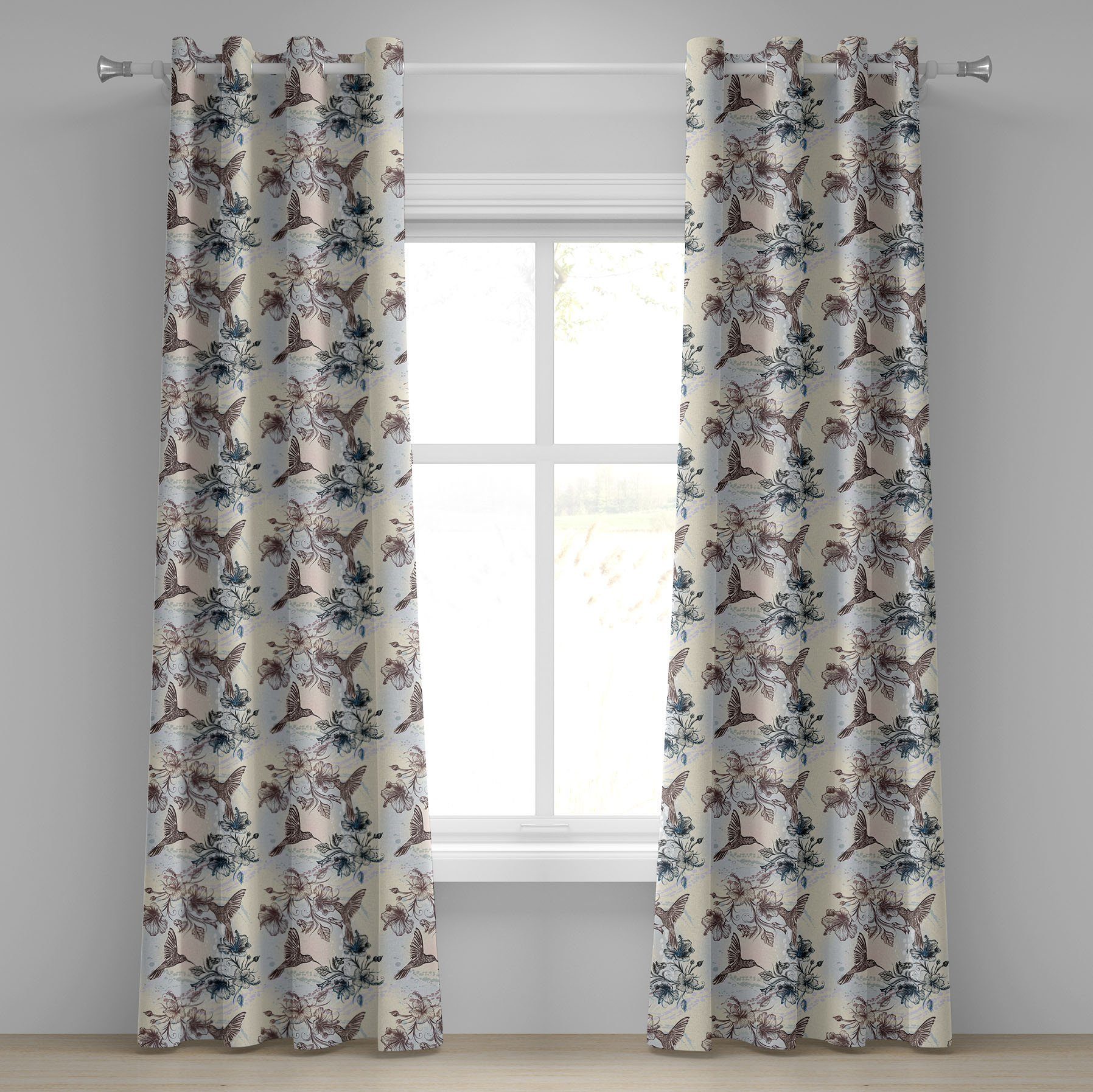 Gardine Dekorative 2-Panel-Fenstervorhänge für Schlafzimmer Wohnzimmer, Abakuhaus, Kolibri Vögel Hibiscus Flowers