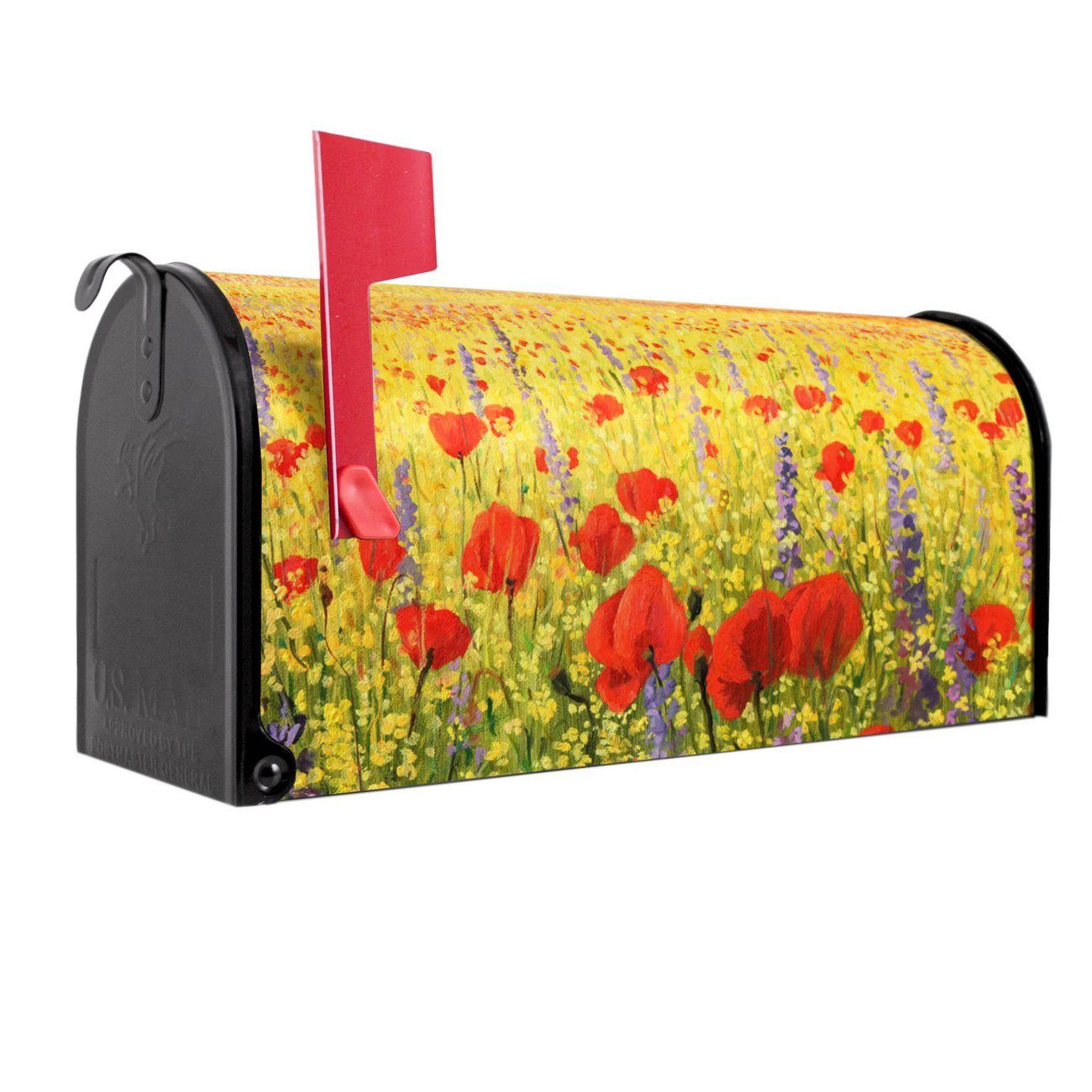 banjado Amerikanischer Briefkasten Mailbox Feld Mit Mohnblumen (Amerikanischer Briefkasten, original aus Mississippi USA), 22 x 17 x 51 cm schwarz