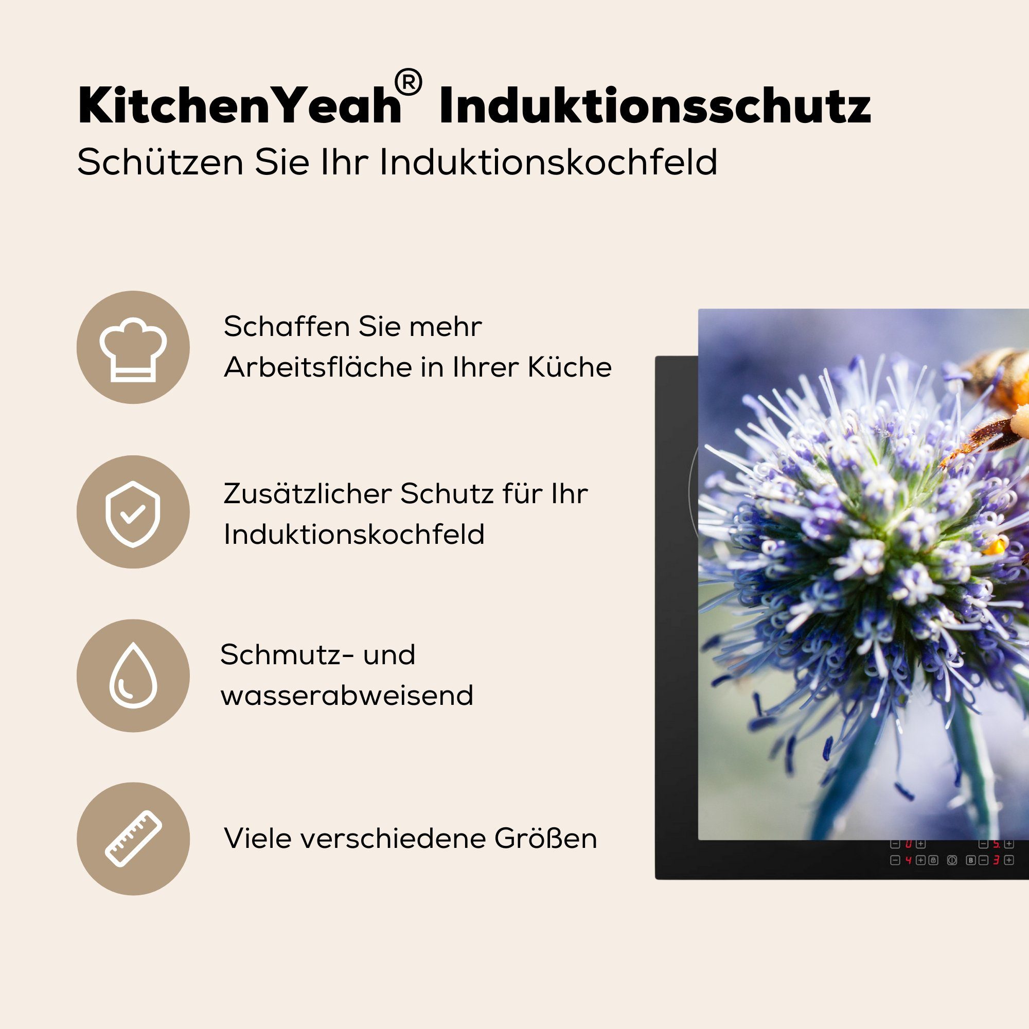 cm, Biene tlg), Schutz küche, Induktionskochfeld einer Nahaufnahme auf 81x52 die (1 Kugeldistel, für Ceranfeldabdeckung einer Vinyl, MuchoWow Herdblende-/Abdeckplatte