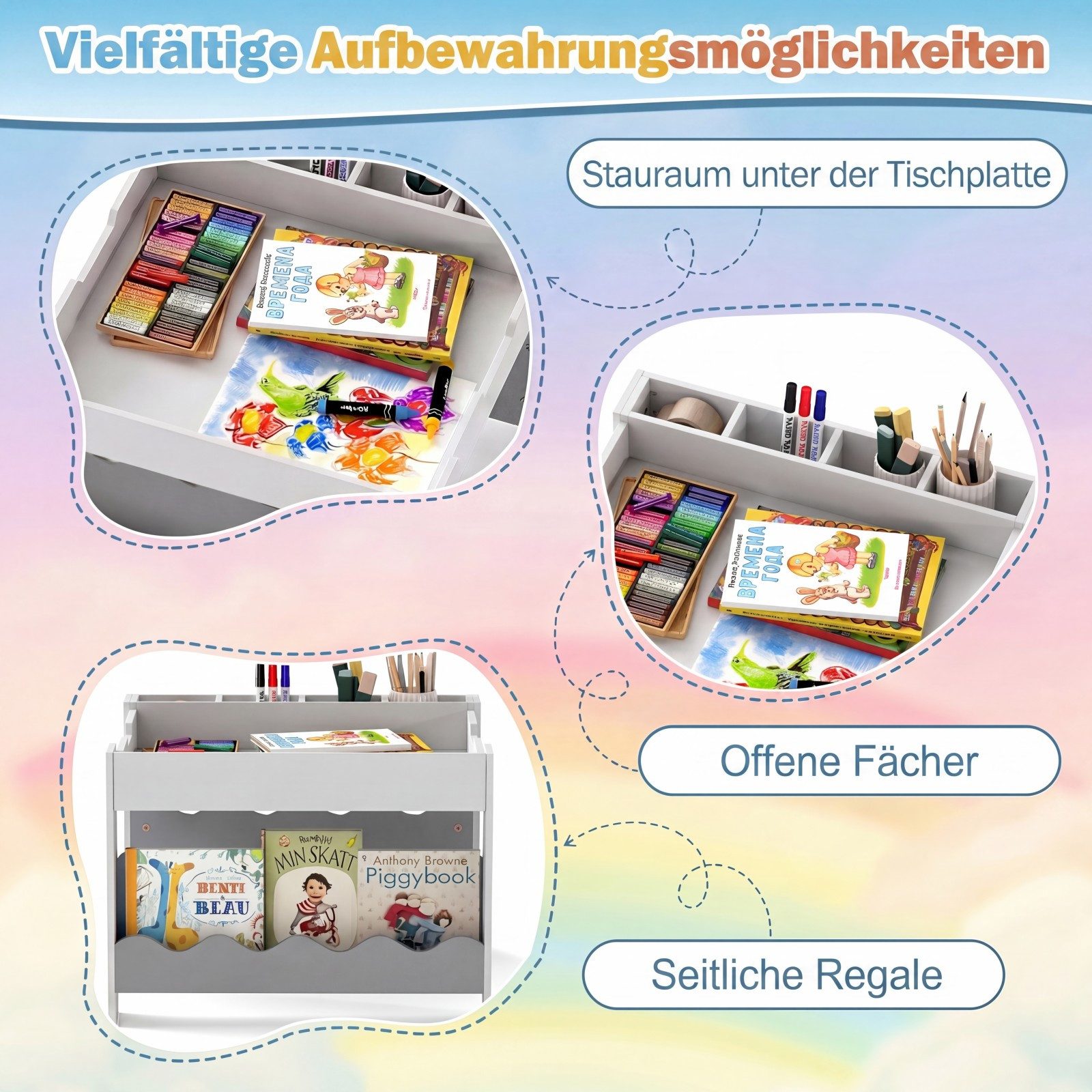 COSTWAY Kindersitzgruppe, (3-tlg), mit 2 Stühlen & wendbarer Tischplatte, Holz