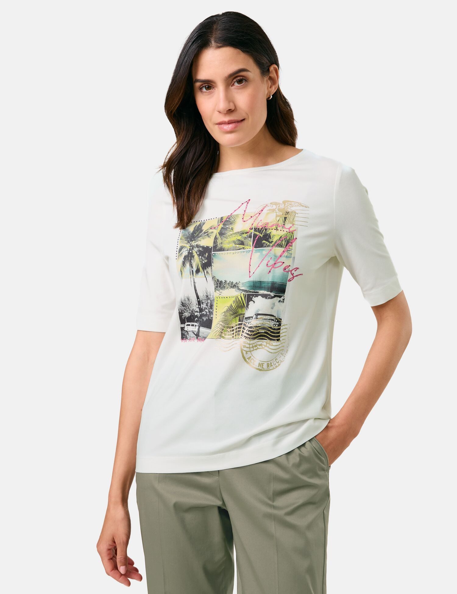 GERRY WEBER Shirtbluse Halbarmshirt mit Frontprint und Ziersteinchen