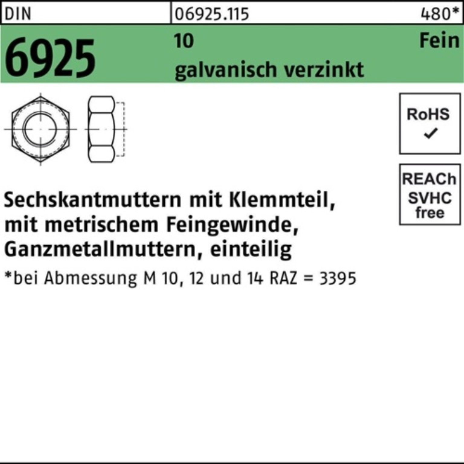 Muttern DIN M10x 100er Klemmteil Reyher Sechskantmutter 1 10 Pack 100 galv.verz. 6925