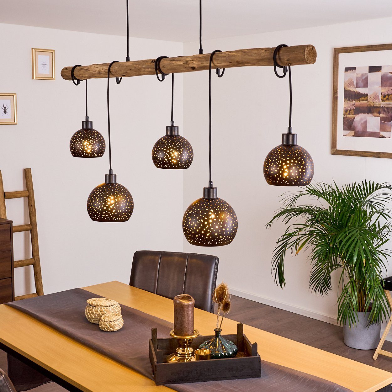 Vintage schwarz ohne kupferfarben, Holz Deckenlampe in in aus Pendellampe Look »Nave« 5-flammige hofstein Leuchtmittel, und Pendelleuchte Metall 5xE27 Natur, mit