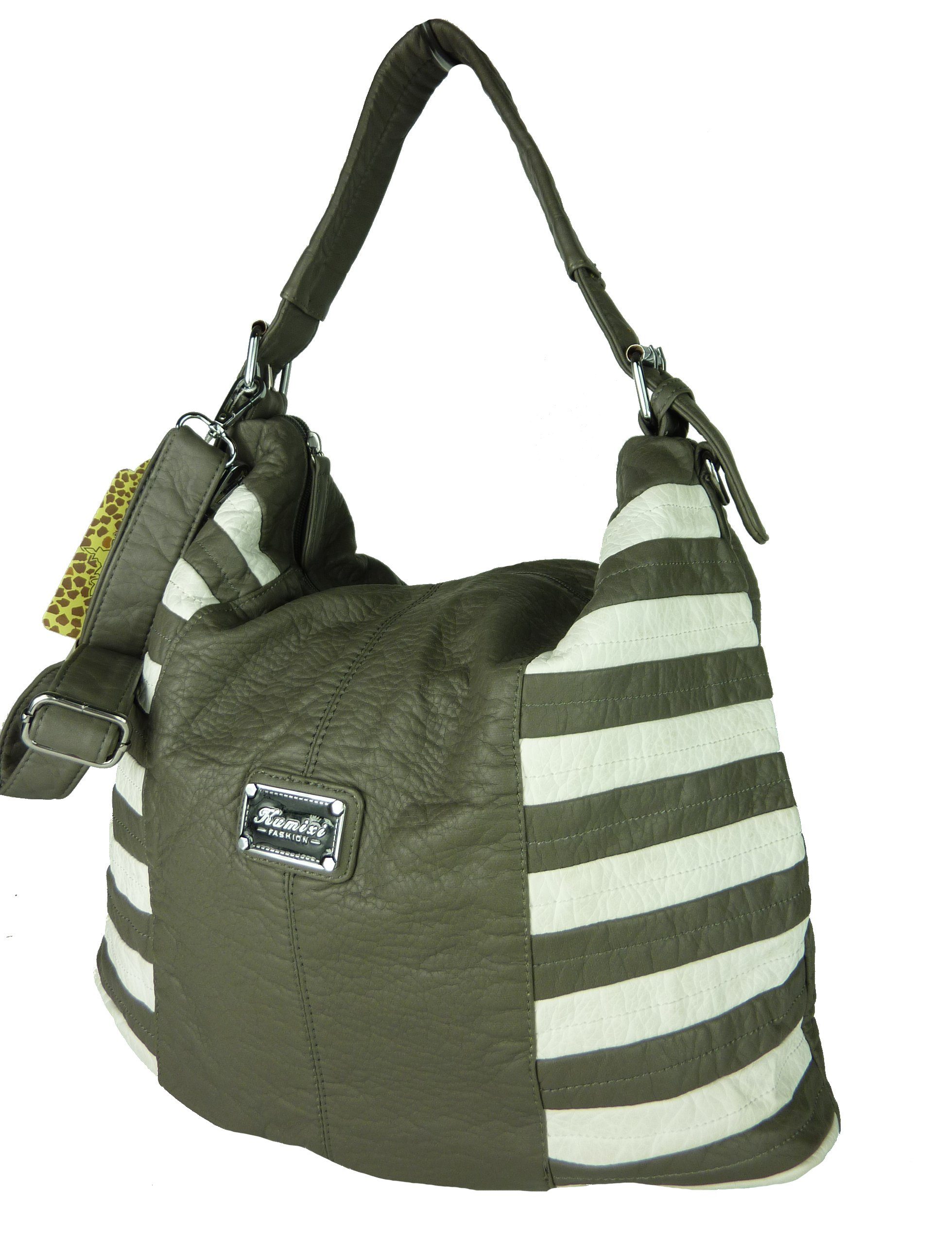Taschen4life Schultertasche Damen Shopper Tasche gestreift KM1576, Handtasche mit Streifen, modische Umhängetasche, Trageriemen grey/white