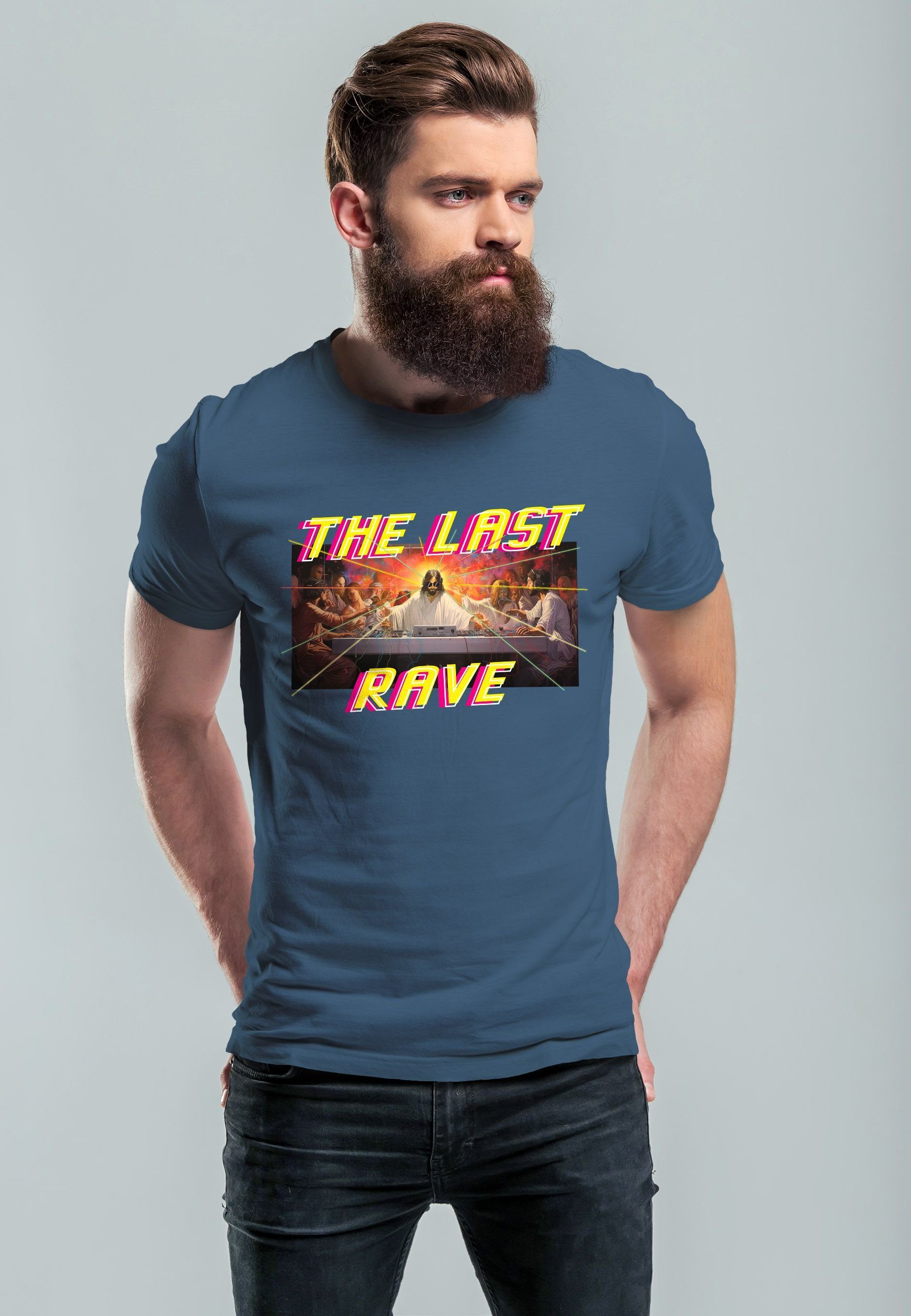 Rave Print-Shirt mit Herren Abendmahl letzte Jesus T-Shirt Parodie The Techno blue Print denim Last Neverless Das