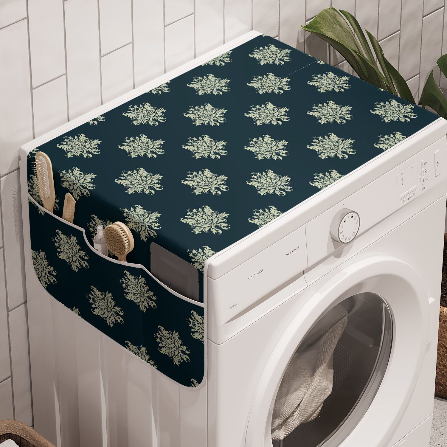 Abakuhaus Badorganizer Anti-Rutsch-Stoffabdeckung für Waschmaschine und Trockner, viktorianisch Damast wirbelt Blätter