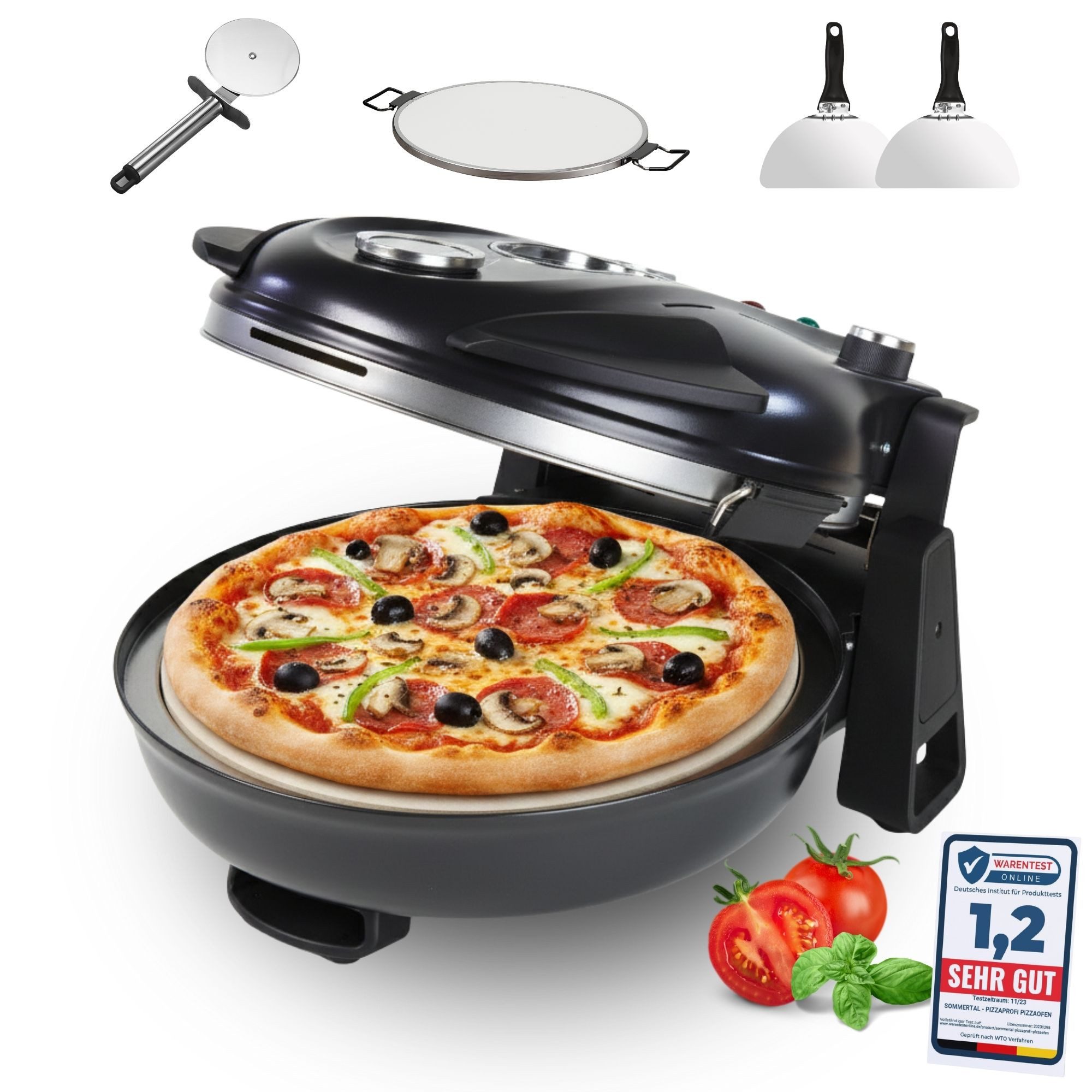 Sommertal Pizzaofen Sommertal PizzaProfi Pizzaofen, 32cm Pizzastein, 2x Pizzaschieber, Pizzaschneider, Steinplatte