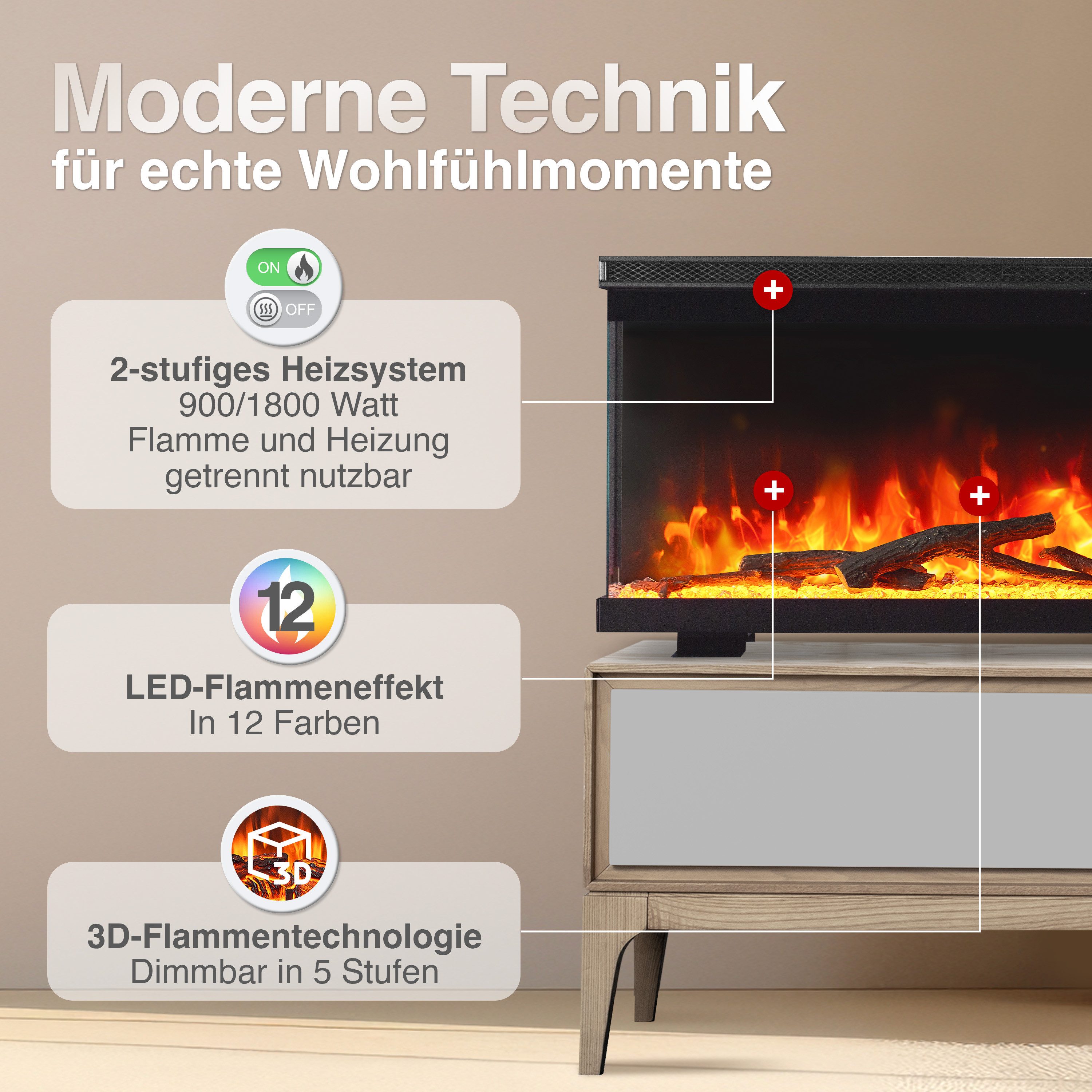 KAMINIO Elektrokamin LEA, 3in1 Kamin: Elektrischer Stand-, Wand- und Einbaukamin, Panoramaview
