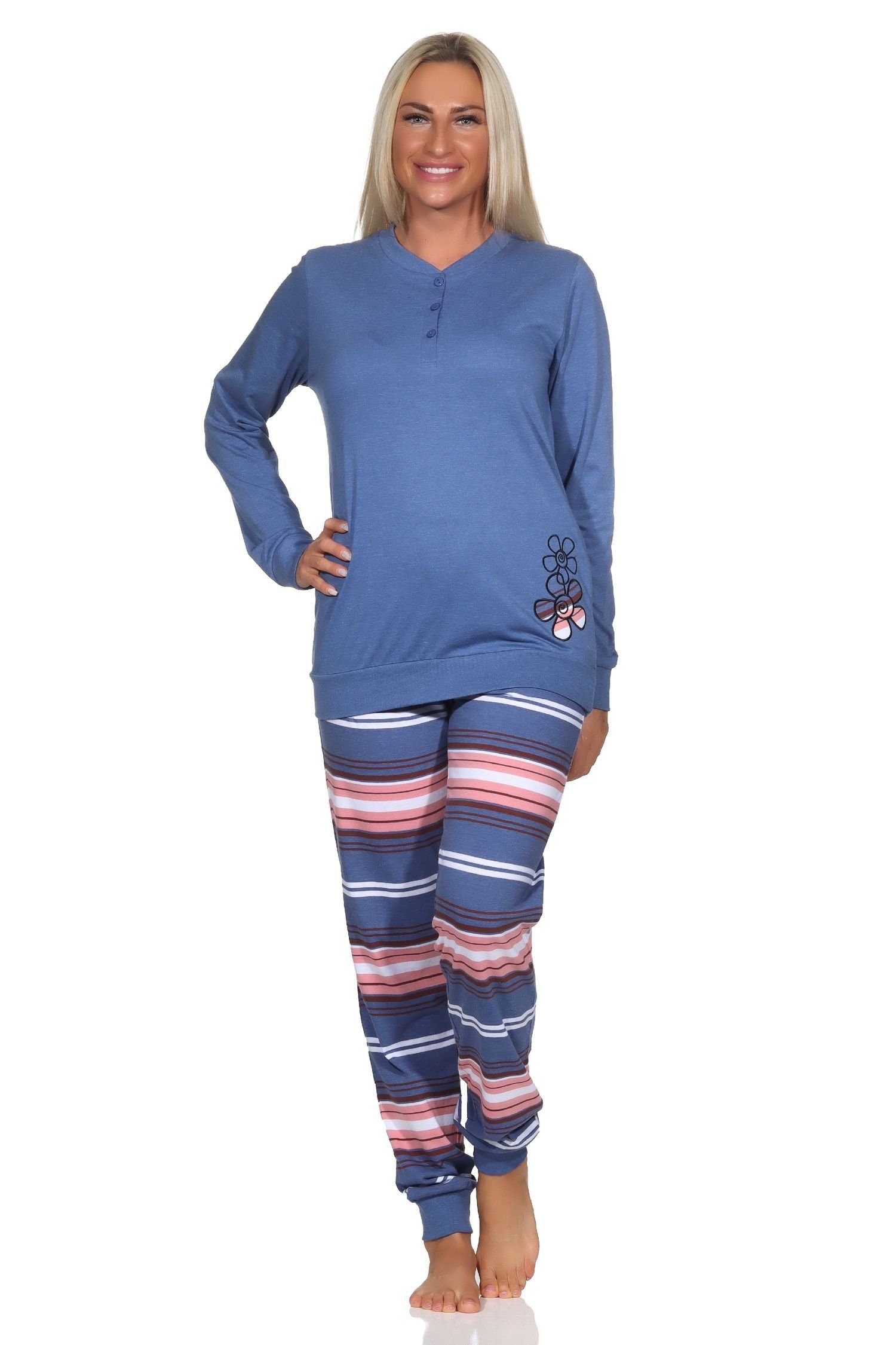 Damen gestreifter langarm und blau-mel. mit Bündchen Pyjama Hose Pyjama Normann Normann