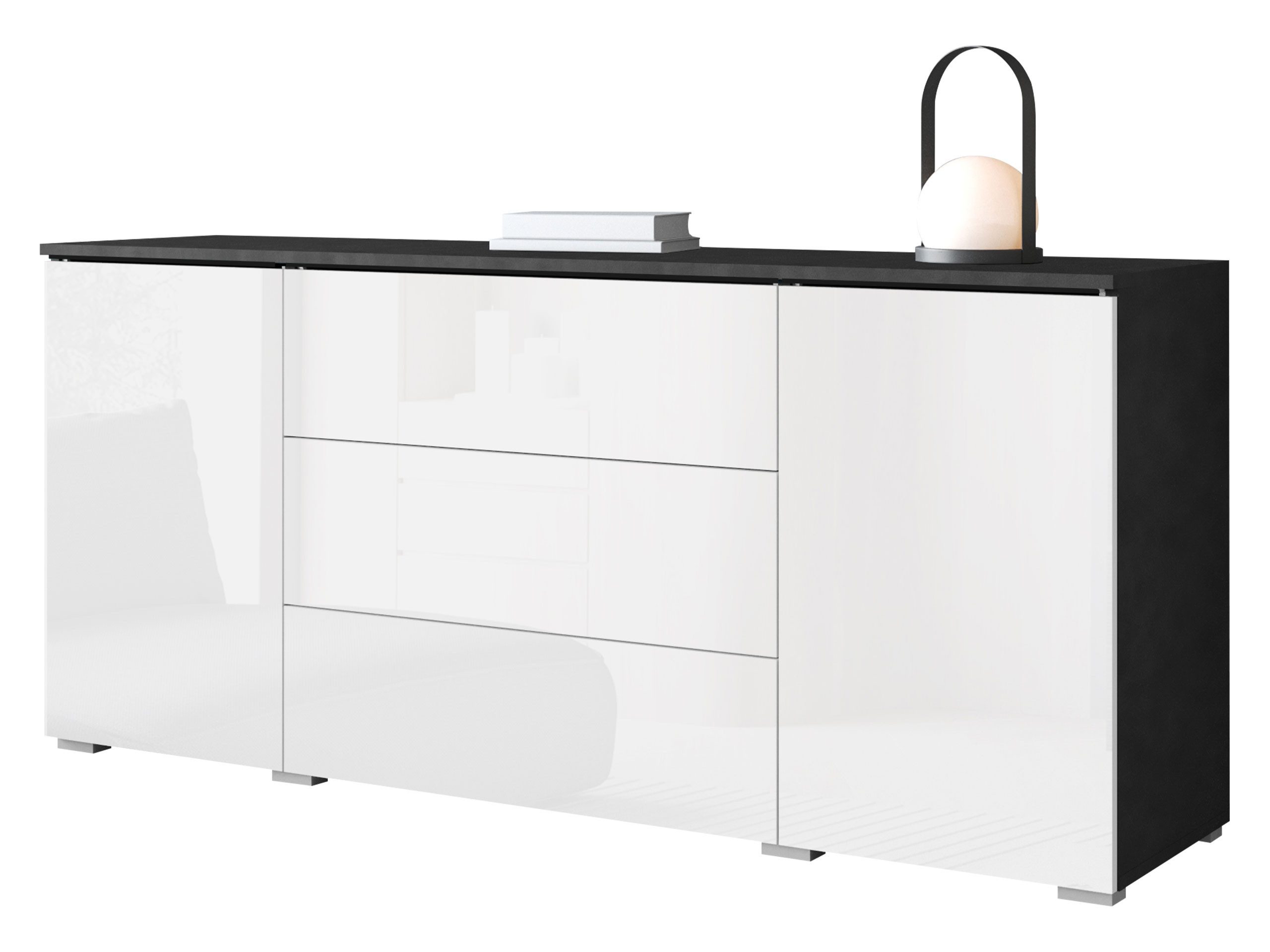 MIRJAN24 Kommode Vera 150 (2-Drehtüren und 3-Schubladen), Griffloses Öffnungssystem push to open, Rollgleitschienen