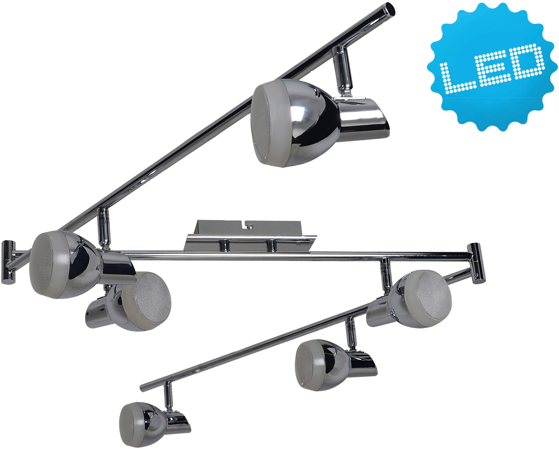näve LED Deckenleuchte Chromey, LED fest integriert, Warmweiß, 3 bewegliche Gelenkarme mit je 2 Spots, chromfarben, Licht warmweiß