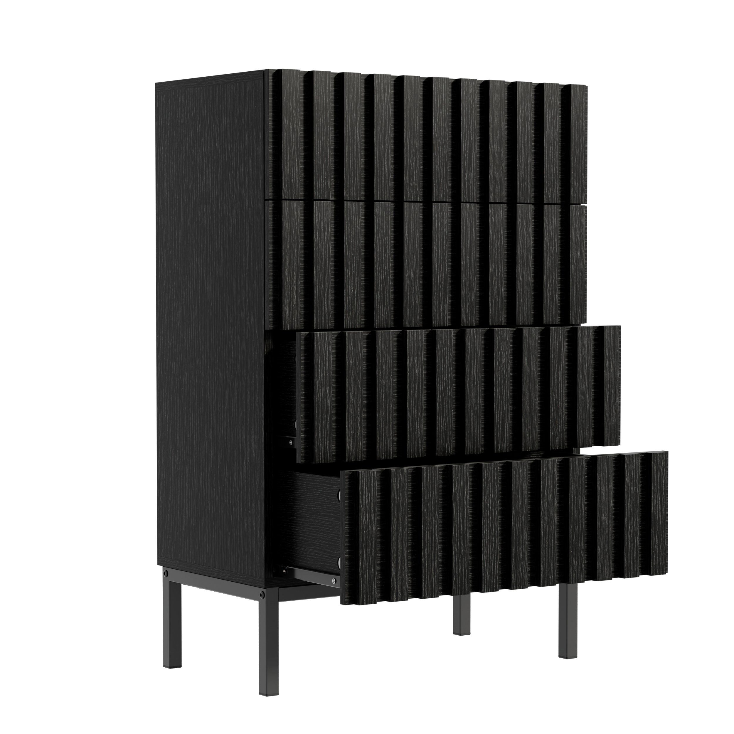 UEV Kommode mit 4 Schublanden, Sideboard, Schubladenschrank, Schmal kommode (Aufbewahrungskommode, Mehrzweckschrank aus Holz(Natur/Schwarz/Dunkelbraun), 60 x 34,5 x 92cm, Schrank für Wohnzimmer,Schlafzimmer,Flur