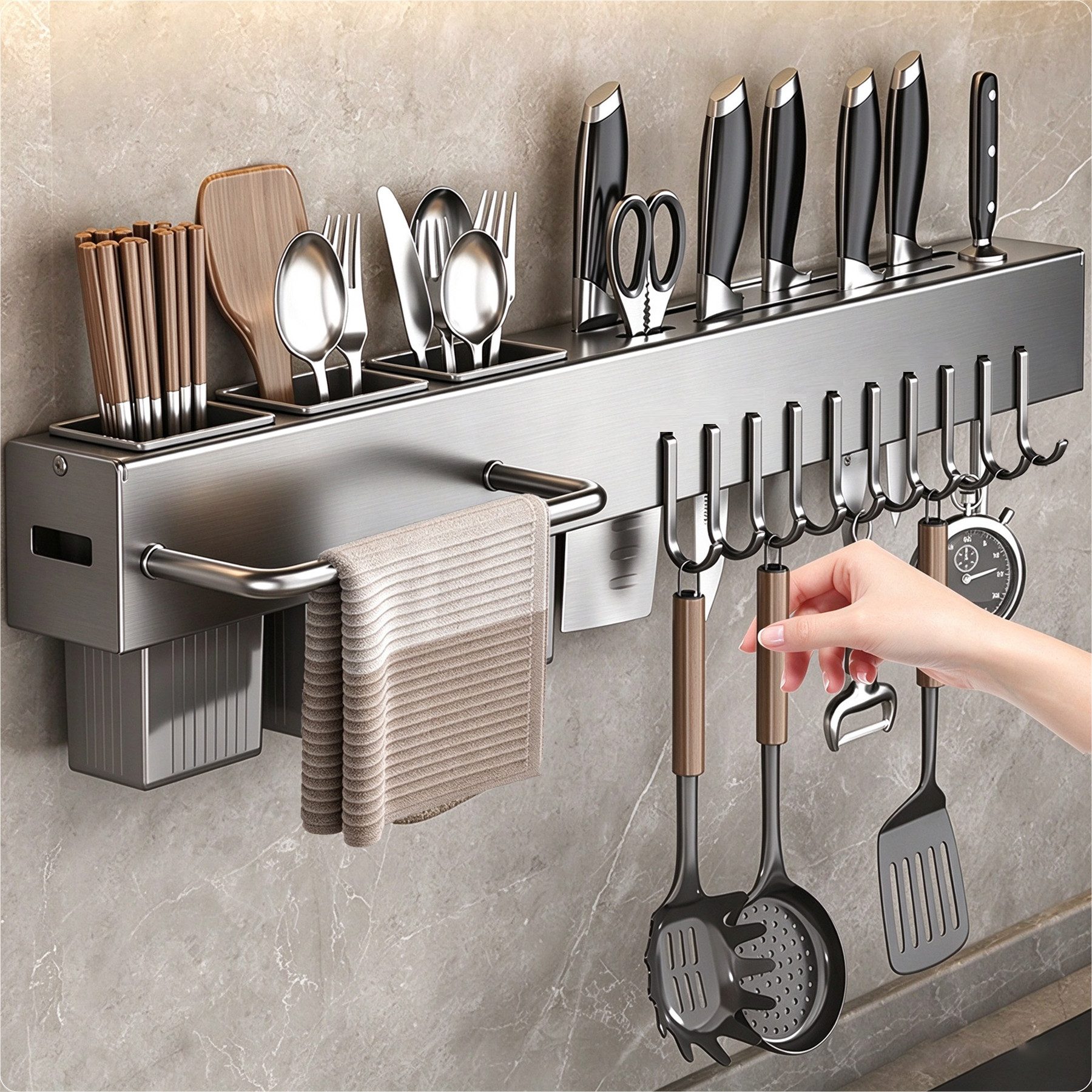 Mutig Hakenleiste Messerhalter 60 cm,Küche Hängeleiste mit 10 Haken & Handtuchhalter, (Besteckhalter, Küchenorganizer, Multifunktionales Wandregal, Messerhalter zur Wandmontage,Selbstklebend kein Stanzen, Mehrzweck), Für Küchenmesser, Gabeln, Löffel, Besteck, Kochutensilien,Aufbewahrung