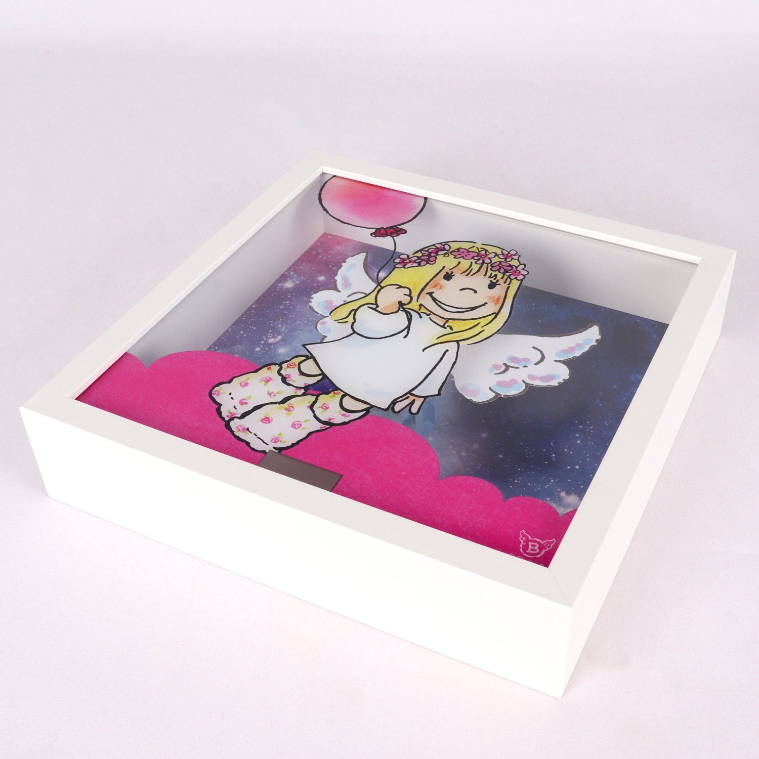 queence Bild mit Rahmen 3D Bild mit Wackelflügeln - Solarbetrieben-Engel-Flügel bewegen sich, Schutzengel (1 St), 27x27x5 cm - Geschenk - Taufe - Geburt - Flügel bewegen sich