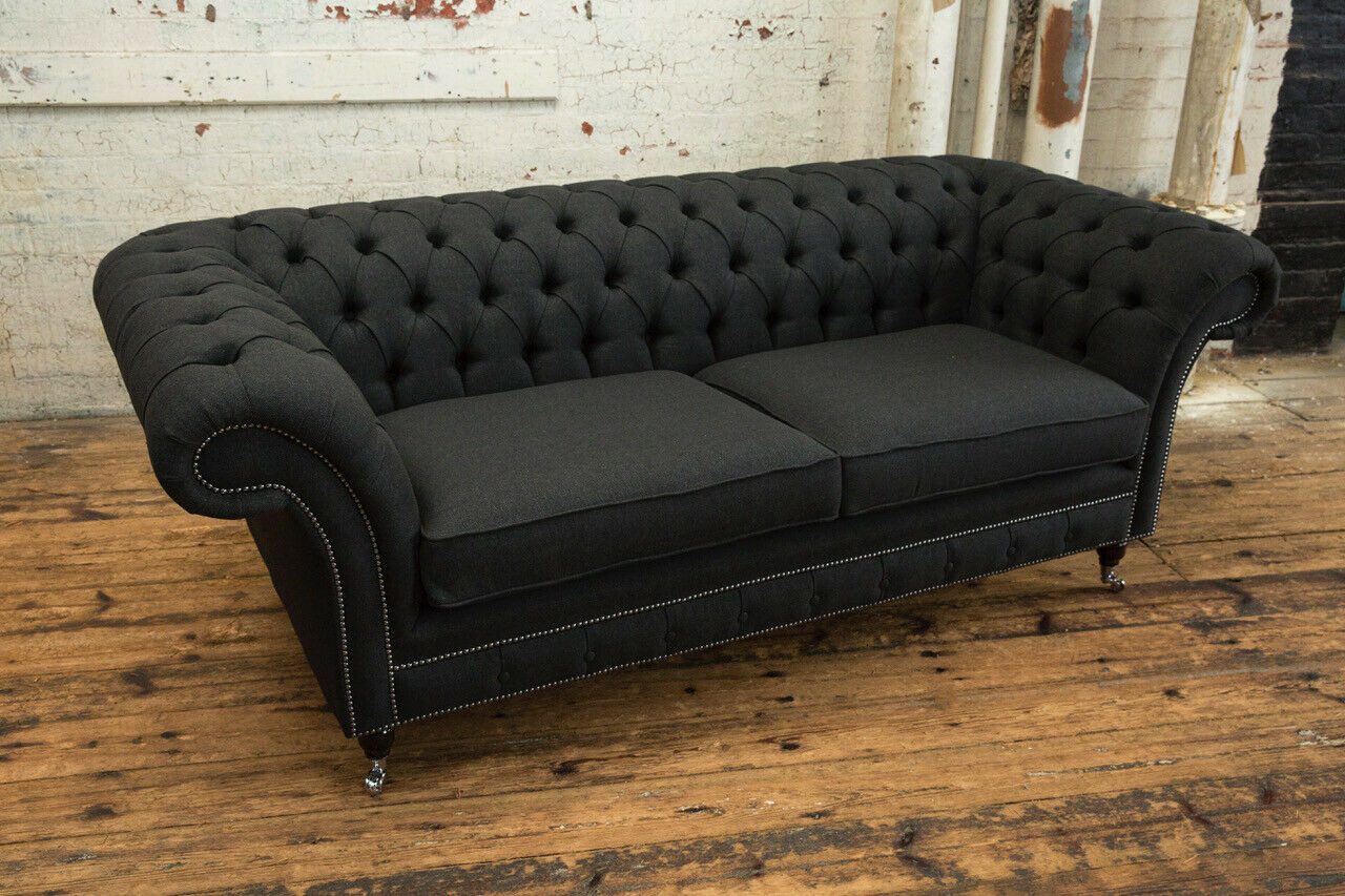 Xlmoebel 3-Sitzer Traditionelles Chesterfield Schwarzes Textil Sofa Sitz, 1 Teile, Hergestellt in Europa