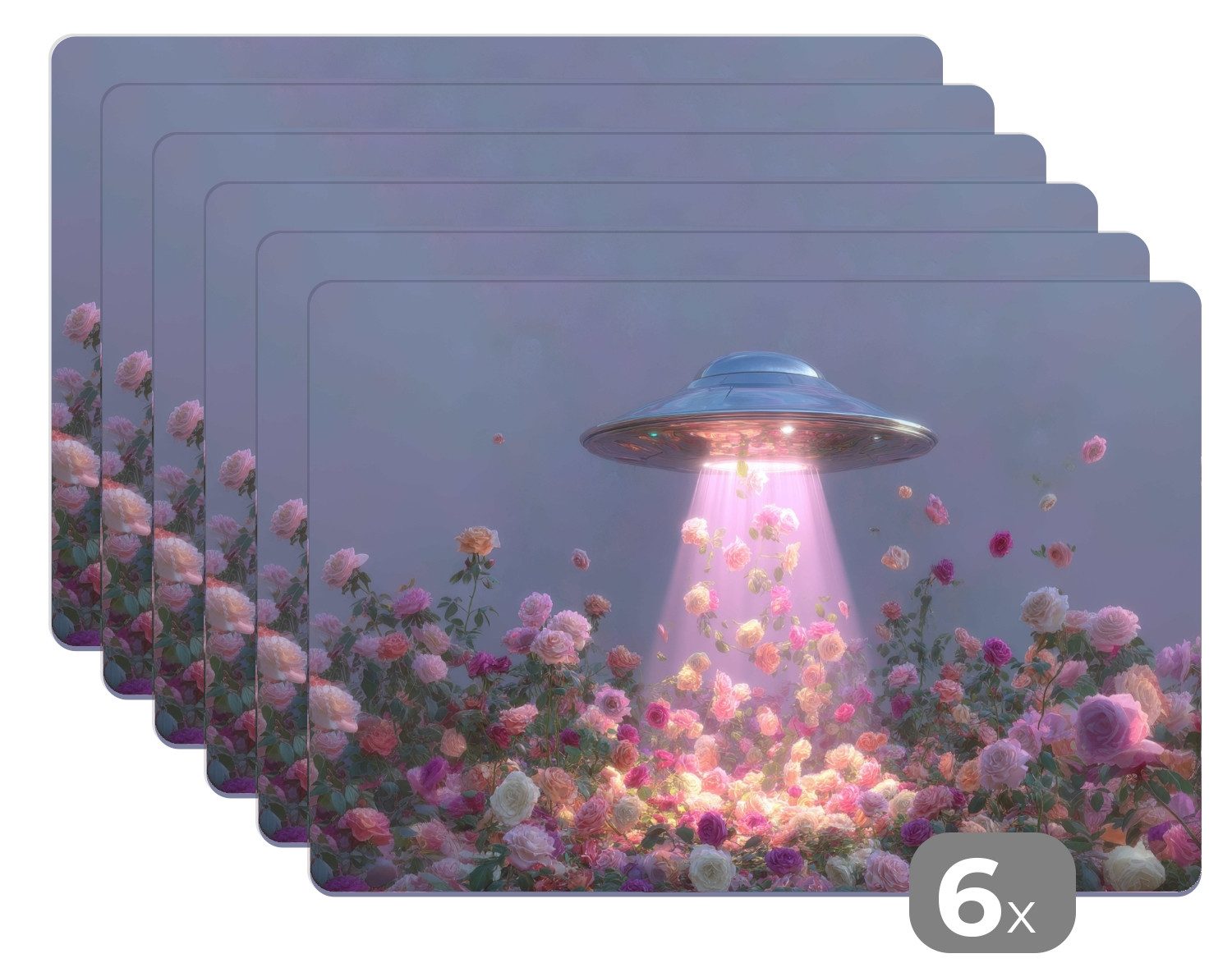 MuchoWow Platzset Ufo - Rosen - Pastellfarben, (6-St), Platzsets, Tischset, Abwaschbar, Tischsets, Platzdeckchen