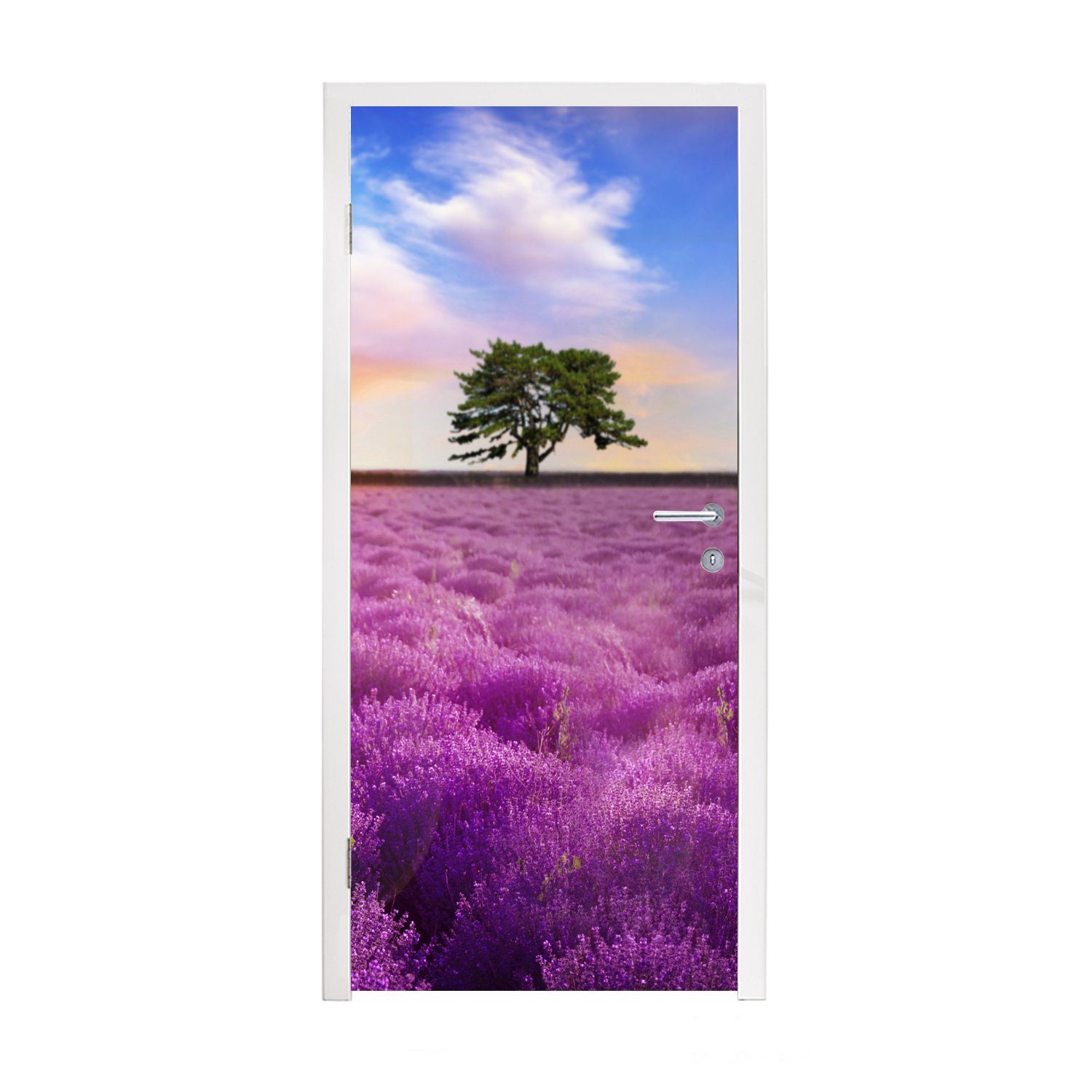 MuchoWow Türtapete Lavendel - Baum - Sonnenuntergang - Lila, Matt, bedruckt, (1 St), Fototapete für Tür, Türaufkleber, 75x205 cm
