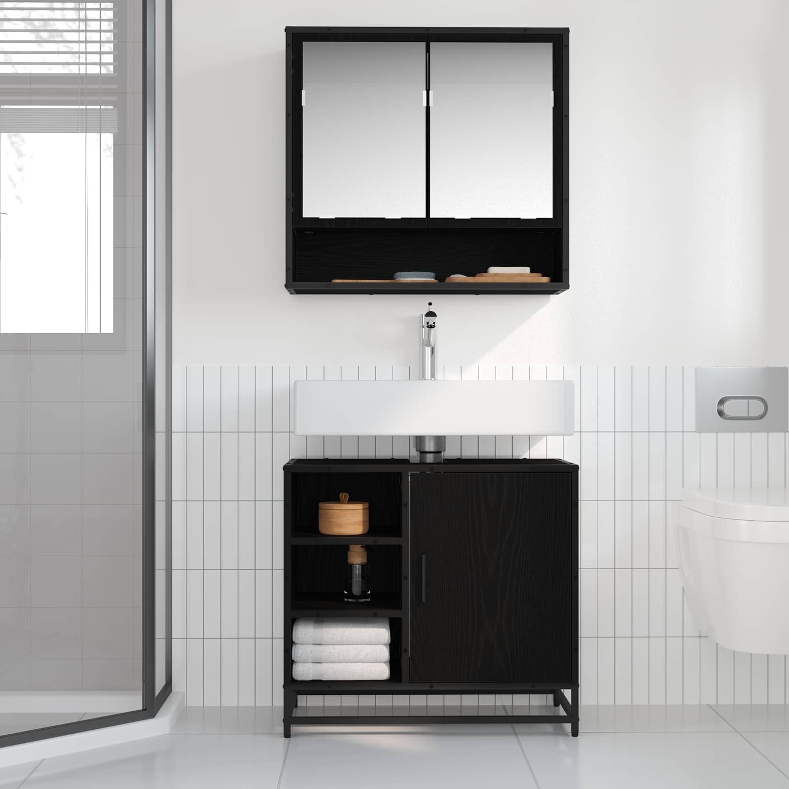 vidaXL Badezimmer-Set Badezimmerschrank Schwarz Eichen-Optik 65 x 33 x 60 cm, (1-St) – Bild 4 von 5