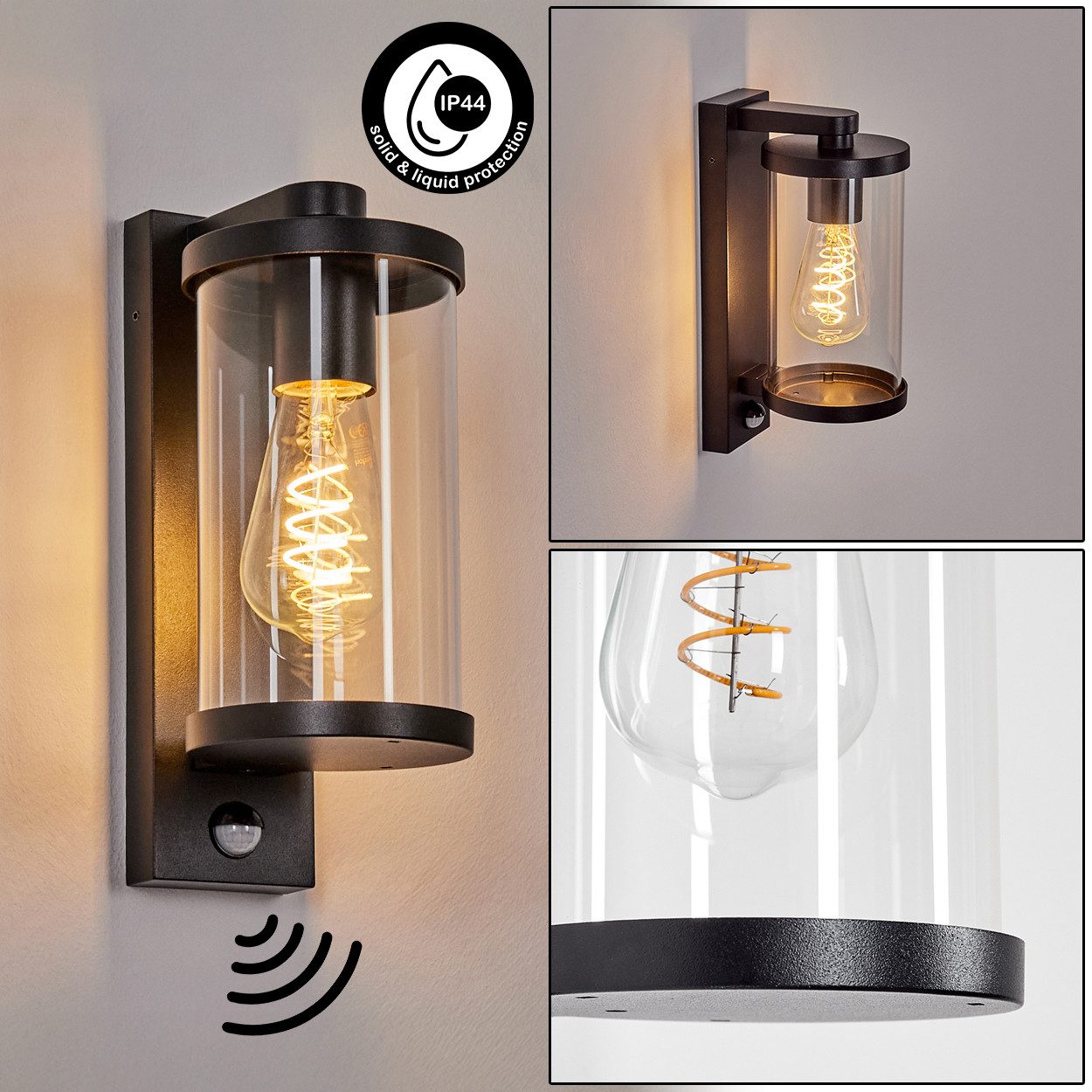 hofstein Außen-Wandleuchte Außenwandlampe mit Bewegungsmelder aus Metall/Glas in Schwarz/Klar, ohne Leuchtmittel, Wandleuchte außen abwärts im modernen Retro/Vintage-Design, E27, IP44