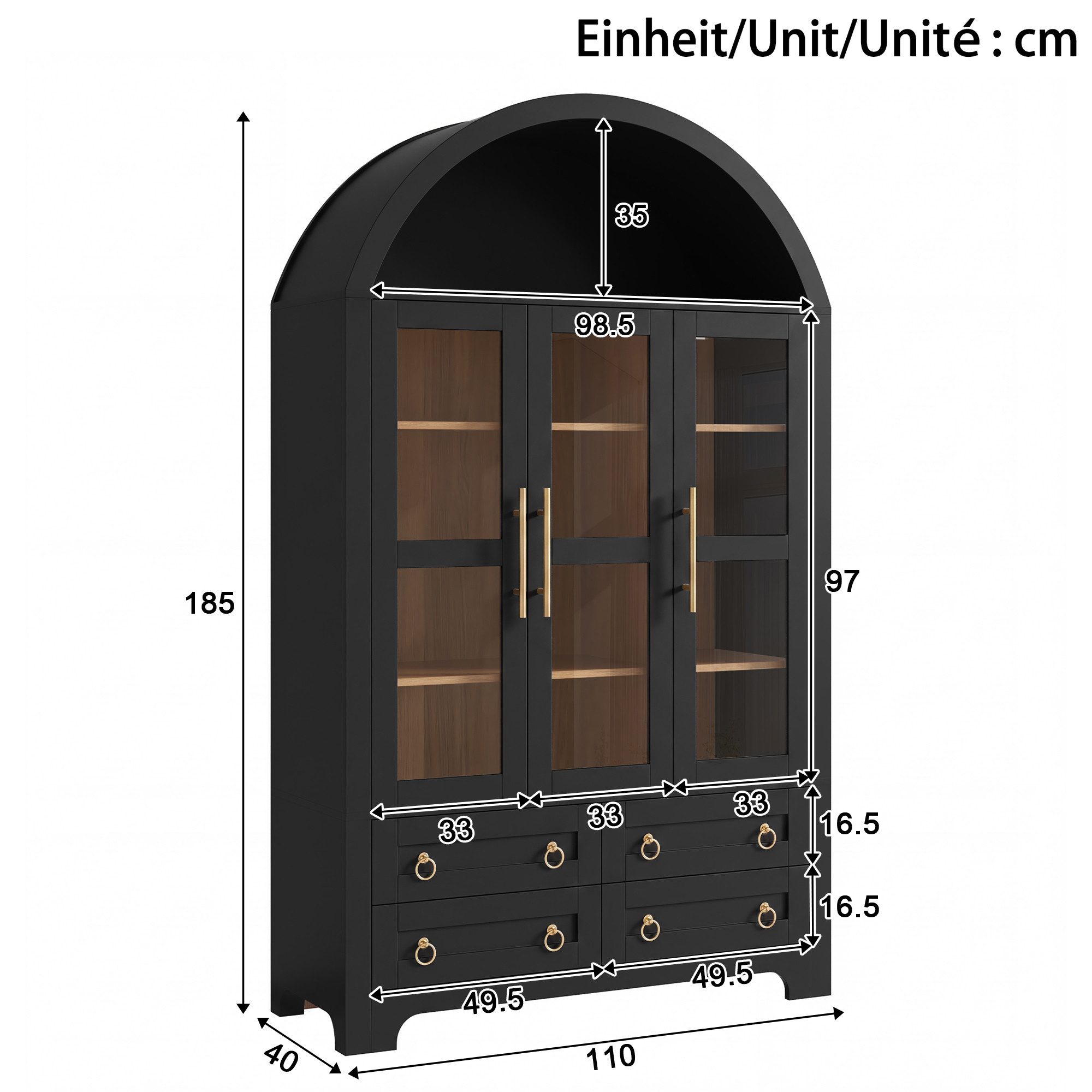 Merax Hochschrank Bogen-Mehrzweckschrank Glasvitrine mit Aluminiumgriffen (Anrichte Sideboard Aufbewahrungsschrank, 1-St., 110 L x 40 B x 185 H cm) Wohnzimmersc – Bild 5 von 5
