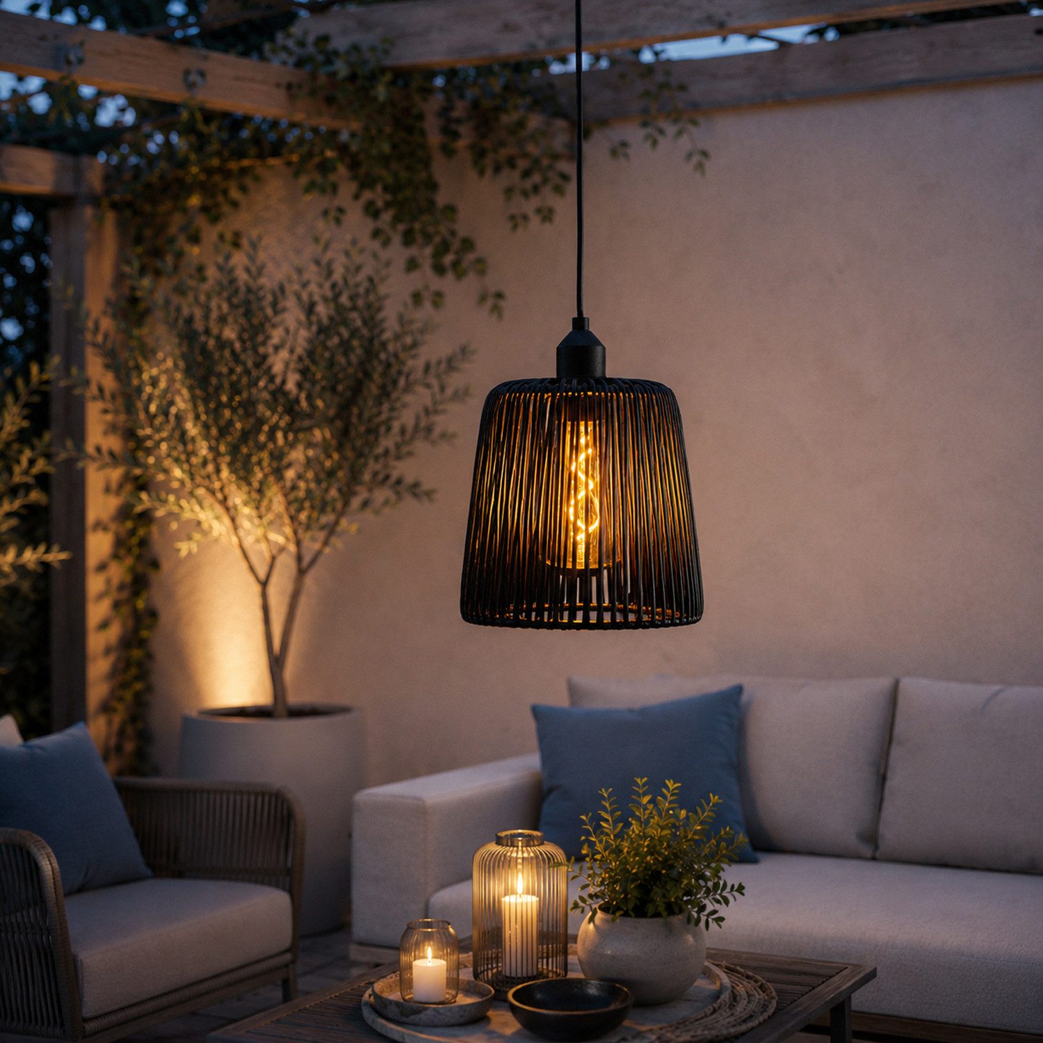 MARELIDA Hängeleuchte LED Lampenschirm Korboptik aus Kunststoffseil Terrasse Balkon 15cm, LED Classic, warmweiß (2100K bis 3000K)