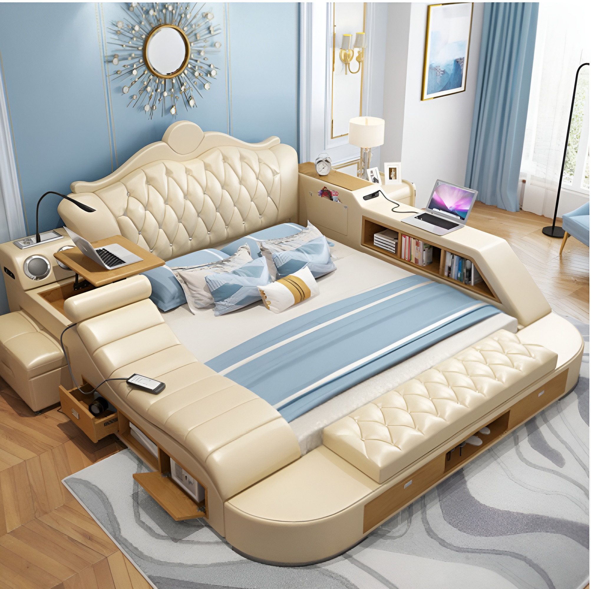 Xlmoebel Multimediabett Luxuriöses Polsterbett im Chesterfield-Design mit Lederbezug (Multifunktions Bett), Hergestellt in Europa