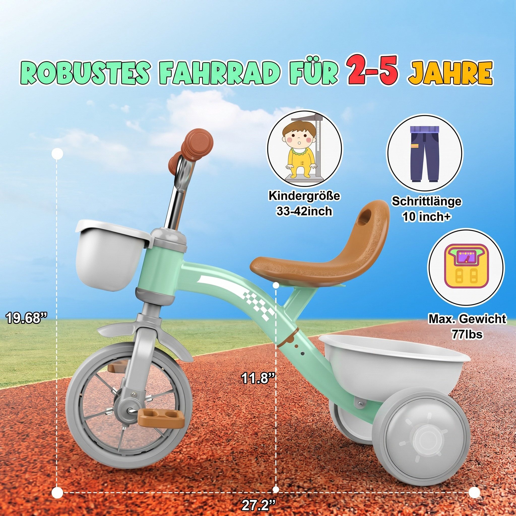 Wootoy Dreirad Kinder Dreirad Kinderfahrrad Lauffahrrad mit LED-Leuchträdern, 4-fach verstellbarem Sitz 2 Aufbewahrungskörben und leisen Rädern