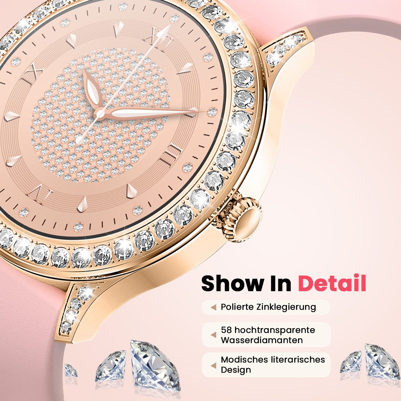 ANYSUN Smartwatch Damen mit Bluetooth-Anru/ mit 58 Diamanten Smartwatch (1,27 Zoll) Fitness Tracker Uhr für Damen Herren mit Schlafmonitor, IP68 Wasserdicht/120+ Sportmodi/Damen-Sportuhr für Android iOS