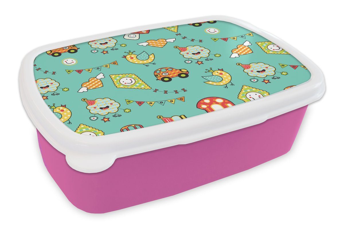 MuchoWow Lunchbox Muster - Kinder - Auto - Vogel, Kunststoff, (2-tlg), Brotbox für Erwachsene, Brotdose Kinder, Snackbox, Mädchen, Kunststoff rosa