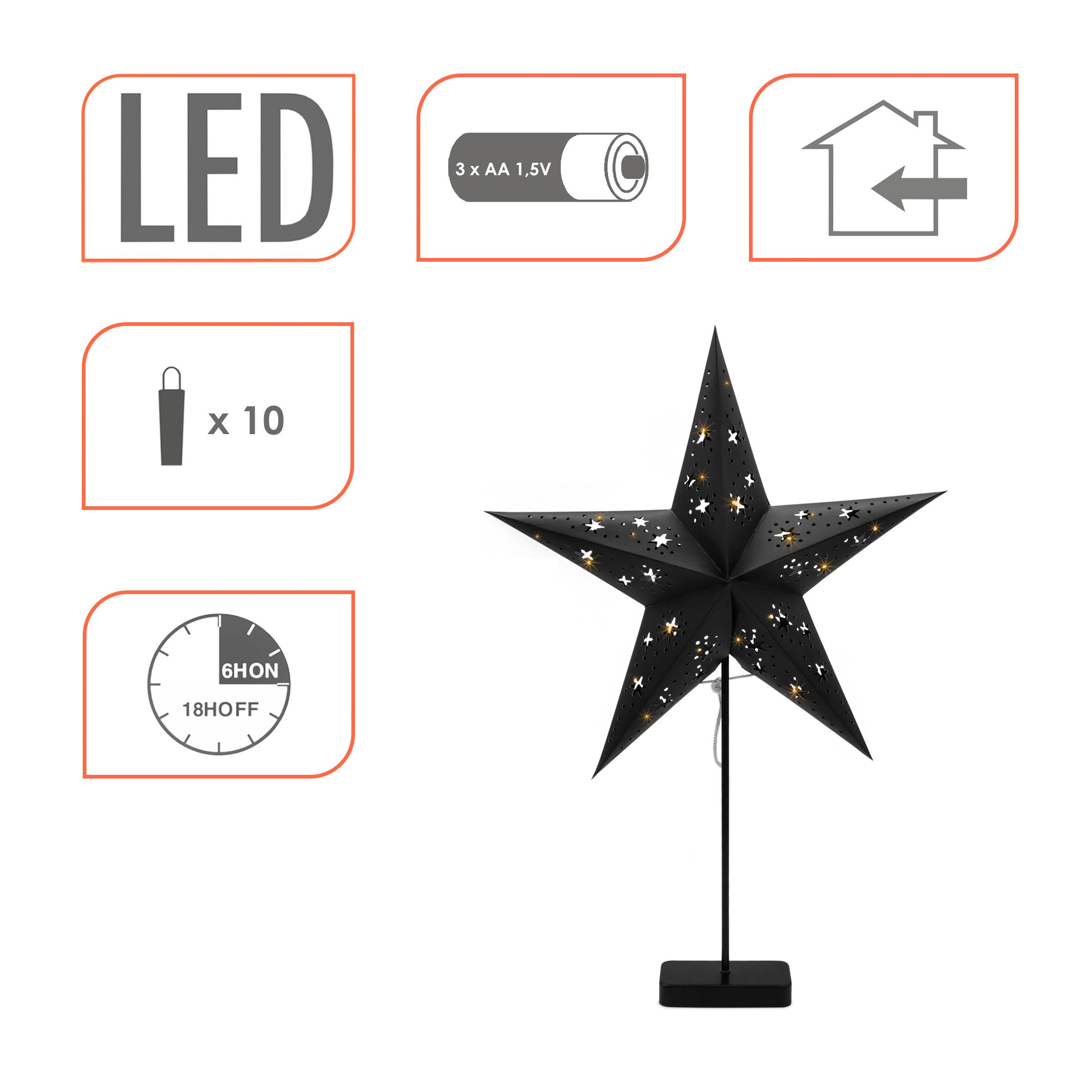 Spetebo LED Stern Deko Leuchte Weihnachtsstern aus Papier in schwarz, Timer, LED fest integriert, warm weiß, mit Timer -Funktion