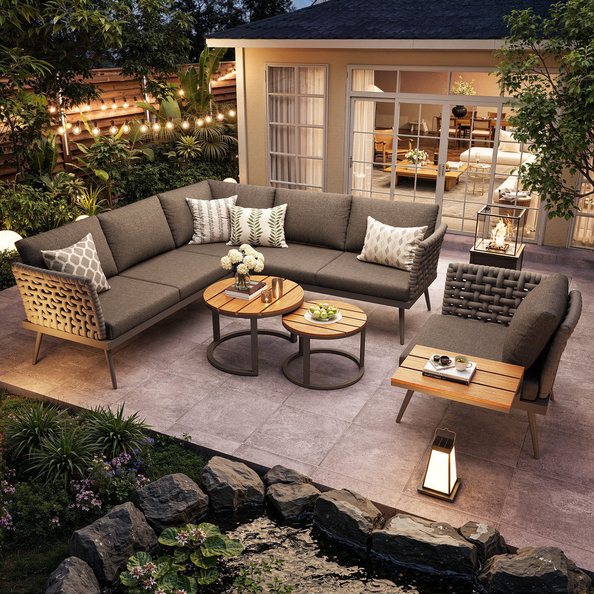 i@home Gartenlounge-Set, (4-tlg), Sechssitzer, mit handgeflochtenen Armlehnen, Wetterfeste, aus Eisen