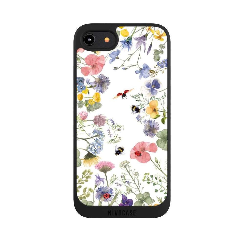 NIVOCASE Handyhülle Biene Blumen Muster Bunte Frühlingsblumen und Bienen, Apple iPhone 7 Handyhülle Hülle NIVOpure Case Schwarz