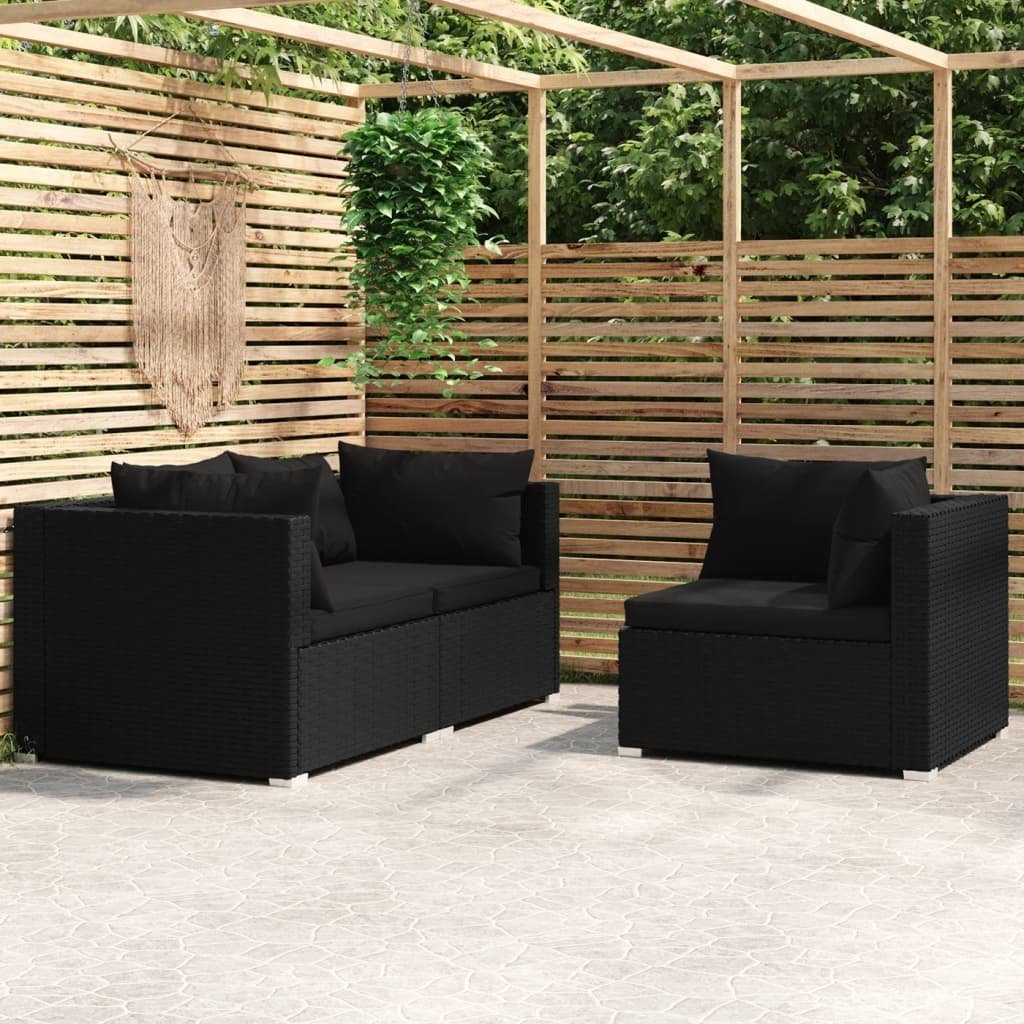 vidaXL Loungesofa 3-tlg. Garten-Lounge-Set mit Kissen Schwarz Poly Rattan, 1 Teile