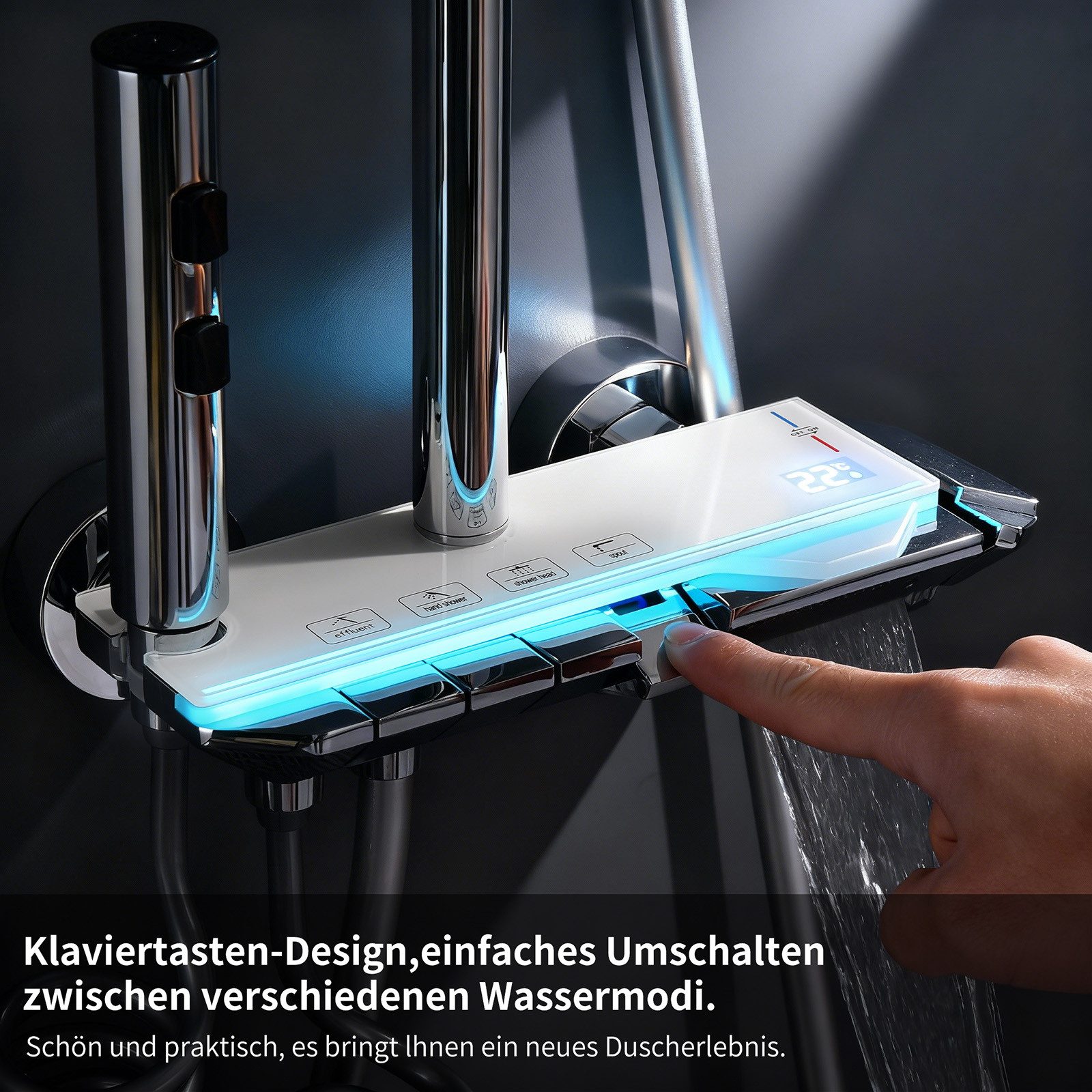 HOMELODY Duschsystem Duscharmatur Komplettset mit Glasablage - Regendusche mit Armatur, 3 Strahlart(en), Set, Duscharmatur mit Klavierknopf,4 Strahlarten mit Wa – Bild 4 von 5